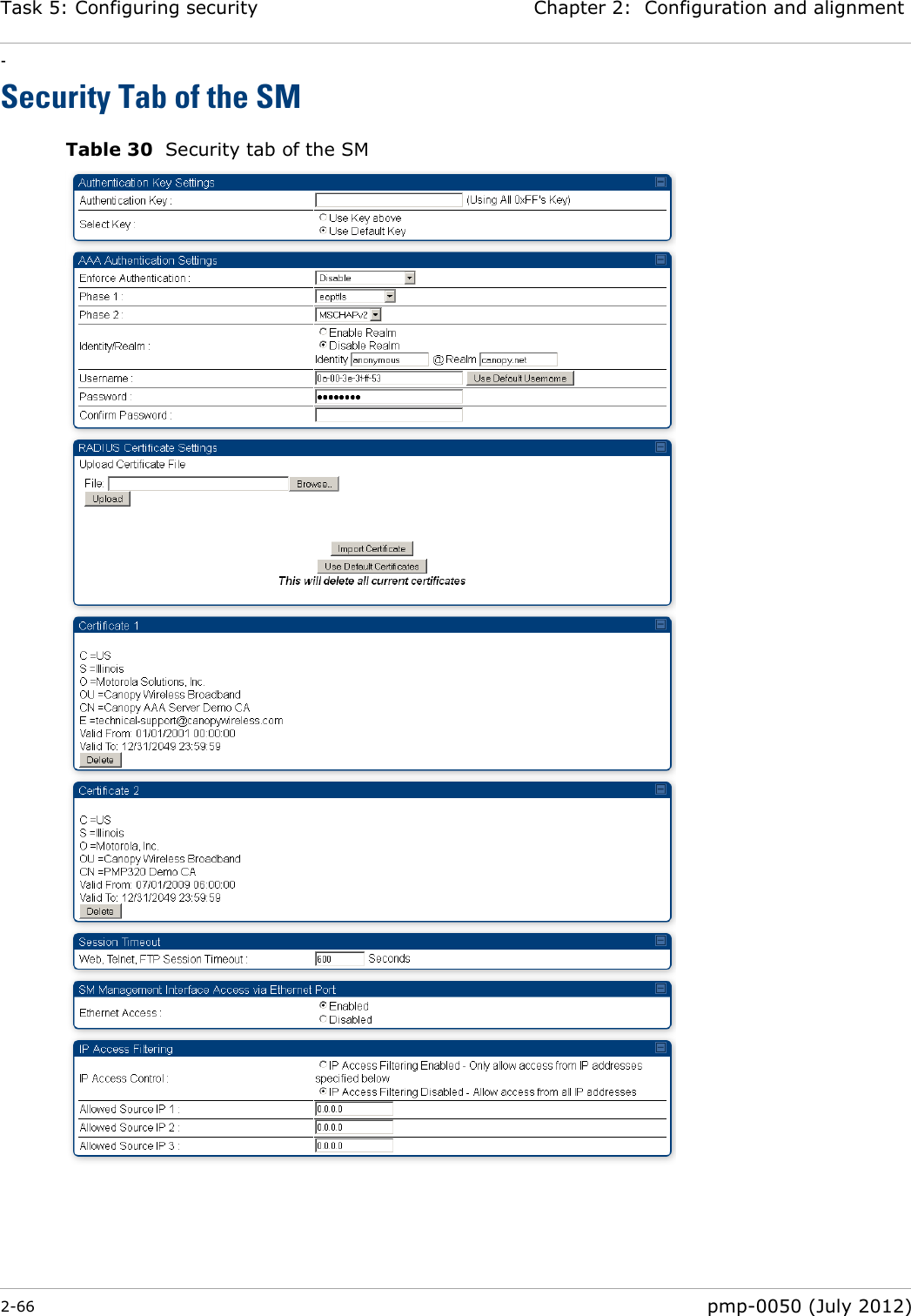 Task 5: Configuring security Chapter 2:  Configuration and alignment - 2-66  pmp-0050 (July 2012)  Security Tab of the SM Table 30  Security tab of the SM   