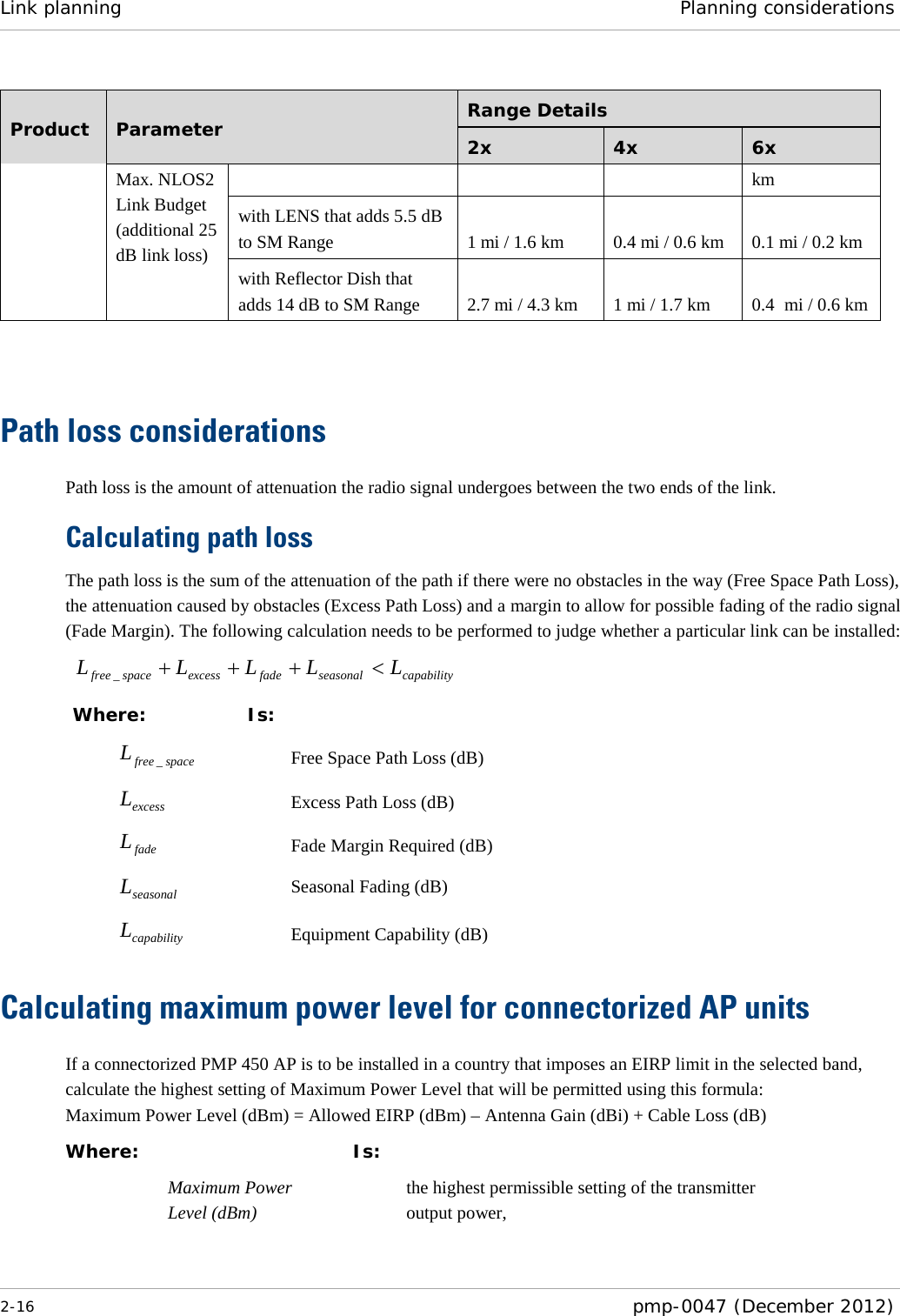 Link planning Planning considerations  2-16  pmp-0047 (December 2012)  Product  Parameter Range Details 2x  4x  6x Max. NLOS2 Link Budget (additional 25 dB link loss) km with LENS that adds 5.5 dB to SM Range 1 mi / 1.6 km 0.4 mi / 0.6 km 0.1 mi / 0.2 km with Reflector Dish that adds 14 dB to SM Range 2.7 mi / 4.3 km 1 mi / 1.7 km 0.4 mi / 0.6 km   Path loss considerations  Path loss is the amount of attenuation the radio signal undergoes between the two ends of the link. Calculating path loss The path loss is the sum of the attenuation of the path if there were no obstacles in the way (Free Space Path Loss), the attenuation caused by obstacles (Excess Path Loss) and a margin to allow for possible fading of the radio signal (Fade Margin). The following calculation needs to be performed to judge whether a particular link can be installed: capabilityseasonalfadeexcessspacefreeLLLLL &lt;+++_ Where:  Is: spacefreeL_ Free Space Path Loss (dB) excessL Excess Path Loss (dB) fadeL Fade Margin Required (dB) seasonalL Seasonal Fading (dB) capabilityL Equipment Capability (dB) Calculating maximum power level for connectorized AP units If a connectorized PMP 450 AP is to be installed in a country that imposes an EIRP limit in the selected band, calculate the highest setting of Maximum Power Level that will be permitted using this formula: Maximum Power Level (dBm) = Allowed EIRP (dBm) – Antenna Gain (dBi) + Cable Loss (dB) Where:  Is:   Maximum Power Level (dBm)  the highest permissible setting of the transmitter output power, 