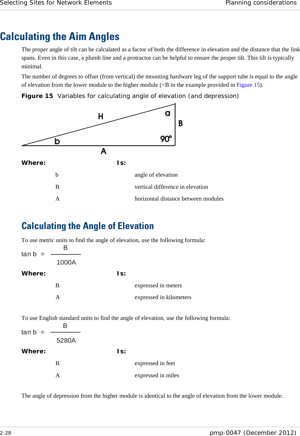 Selecting Sites for Network Elements Planning considerations  2-28  pmp-0047 (December 2012)  Calculating the Aim Angles The proper angle of tilt can be calculated as a factor of both the difference in elevation and the distance that the link spans. Even in this case, a plumb line and a protractor can be helpful to ensure the proper tilt. This tilt is typically minimal. The number of degrees to offset (from vertical) the mounting hardware leg of the support tube is equal to the angle of elevation from the lower module to the higher module (&lt;B in the example provided in Figure 15). Figure 15  Variables for calculating angle of elevation (and depression)  Where:  Is:    b    angle of elevation   B    vertical difference in elevation   A    horizontal distance between modules  Calculating the Angle of Elevation To use metric units to find the angle of elevation, use the following formula:  Where:  Is:    B    expressed in meters   A    expressed in kilometers  To use English standard units to find the angle of elevation, use the following formula:  Where:  Is:    B    expressed in feet   A    expressed in miles  The angle of depression from the higher module is identical to the angle of elevation from the lower module. tan b  =    B1000Atan b  =    B5280A