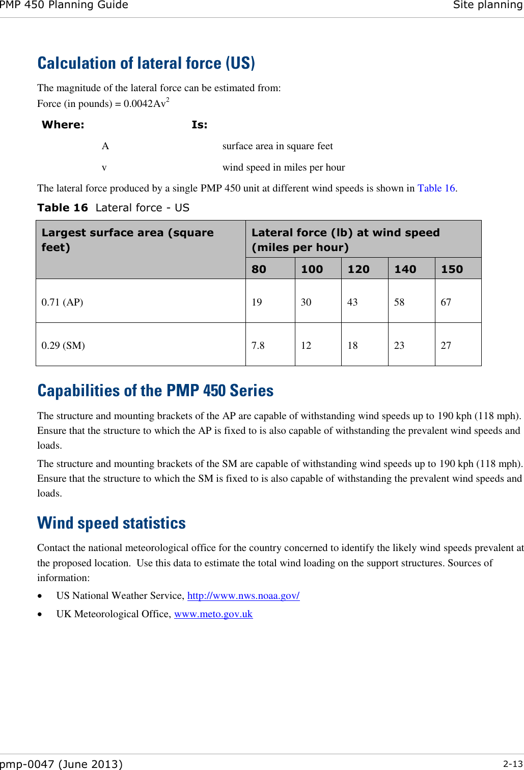 PMP 450 Planning Guide Site planning  pmp-0047 (June 2013)  2-13  Calculation of lateral force (US) The magnitude of the lateral force can be estimated from: Force (in pounds) = 0.0042Av2 Where:  Is:   A  surface area in square feet  v  wind speed in miles per hour The lateral force produced by a single PMP 450 unit at different wind speeds is shown in Table 16. Table 16  Lateral force - US Largest surface area (square feet) Lateral force (lb) at wind speed (miles per hour) 80 100 120 140 150 0.71 (AP) 19  30 43 58  67 0.29 (SM) 7.8 12 18 23 27  Capabilities of the PMP 450 Series The structure and mounting brackets of the AP are capable of withstanding wind speeds up to 190 kph (118 mph). Ensure that the structure to which the AP is fixed to is also capable of withstanding the prevalent wind speeds and loads.  The structure and mounting brackets of the SM are capable of withstanding wind speeds up to 190 kph (118 mph). Ensure that the structure to which the SM is fixed to is also capable of withstanding the prevalent wind speeds and loads.  Wind speed statistics Contact the national meteorological office for the country concerned to identify the likely wind speeds prevalent at the proposed location.  Use this data to estimate the total wind loading on the support structures. Sources of information:  US National Weather Service, http://www.nws.noaa.gov/  UK Meteorological Office, www.meto.gov.uk 