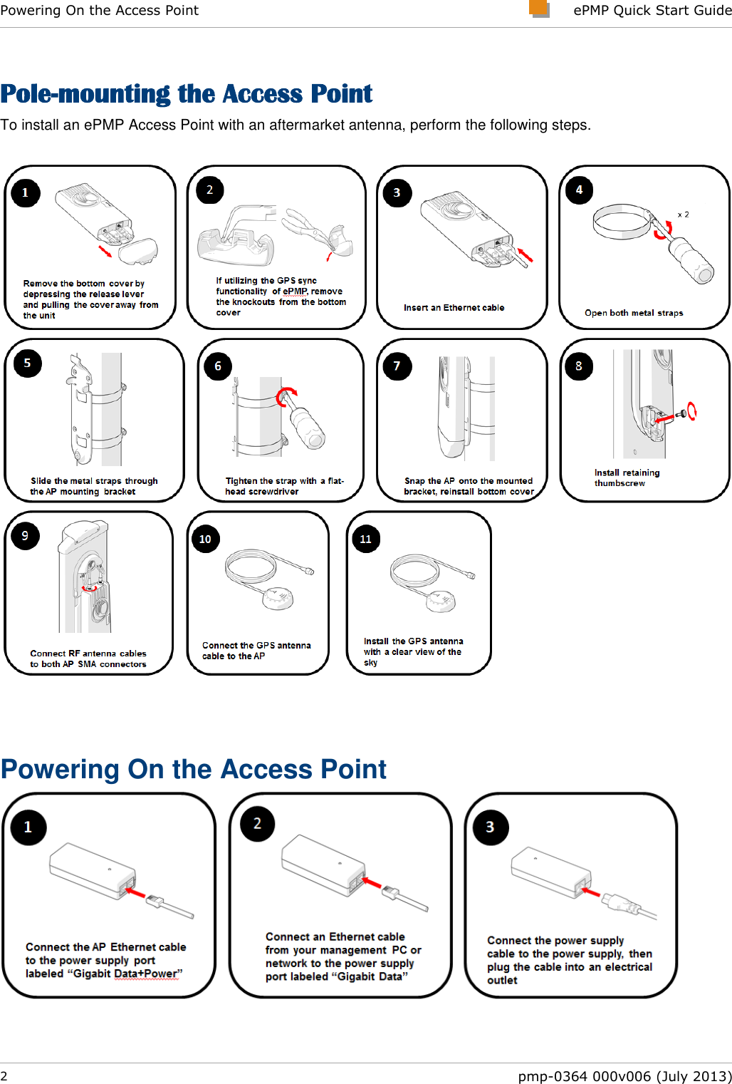 Powering On the Access Point     ePMP Quick Start Guide  2  pmp-0364 000v006 (July 2013)  Pole-mounting the Access Point To install an ePMP Access Point with an aftermarket antenna, perform the following steps.     Powering On the Access Point  