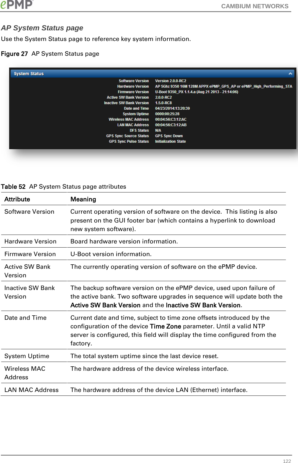 CAMBIUM NETWORKS  AP System Status page Use the System Status page to reference key system information. Figure 27  AP System Status page   Table 52  AP System Status page attributes Attribute Meaning Software Version Current operating version of software on the device.  This listing is also present on the GUI footer bar (which contains a hyperlink to download new system software). Hardware Version Board hardware version information. Firmware Version  U-Boot version information. Active SW Bank Version The currently operating version of software on the ePMP device. Inactive SW Bank Version The backup software version on the ePMP device, used upon failure of the active bank. Two software upgrades in sequence will update both the Active SW Bank Version and the Inactive SW Bank Version. Date and Time Current date and time, subject to time zone offsets introduced by the configuration of the device Time Zone parameter. Until a valid NTP server is configured, this field will display the time configured from the factory. System Uptime The total system uptime since the last device reset. Wireless MAC Address The hardware address of the device wireless interface. LAN MAC Address The hardware address of the device LAN (Ethernet) interface.  122 