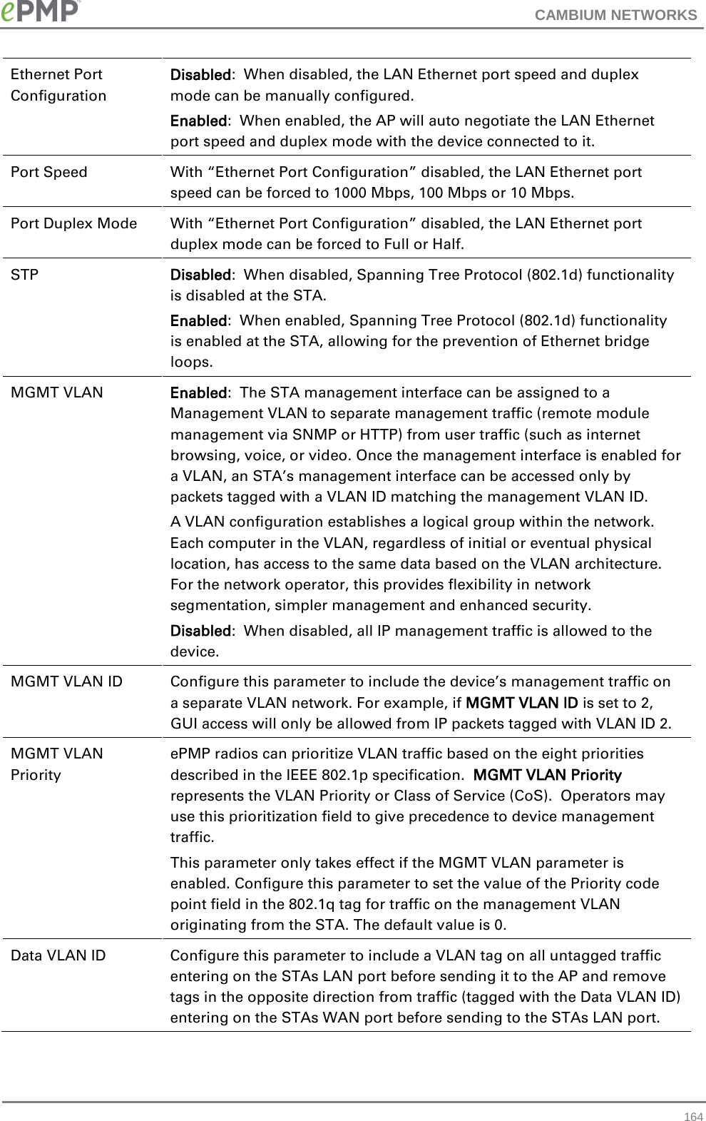 CAMBIUM NETWORKS  Ethernet Port Configuration Disabled:  When disabled, the LAN Ethernet port speed and duplex mode can be manually configured.  Enabled:  When enabled, the AP will auto negotiate the LAN Ethernet port speed and duplex mode with the device connected to it.  Port Speed With “Ethernet Port Configuration” disabled, the LAN Ethernet port speed can be forced to 1000 Mbps, 100 Mbps or 10 Mbps. Port Duplex Mode With “Ethernet Port Configuration” disabled, the LAN Ethernet port duplex mode can be forced to Full or Half.  STP Disabled:  When disabled, Spanning Tree Protocol (802.1d) functionality is disabled at the STA. Enabled:  When enabled, Spanning Tree Protocol (802.1d) functionality is enabled at the STA, allowing for the prevention of Ethernet bridge loops. MGMT VLAN Enabled:  The STA management interface can be assigned to a Management VLAN to separate management traffic (remote module management via SNMP or HTTP) from user traffic (such as internet browsing, voice, or video. Once the management interface is enabled for a VLAN, an STA’s management interface can be accessed only by packets tagged with a VLAN ID matching the management VLAN ID.   A VLAN configuration establishes a logical group within the network.  Each computer in the VLAN, regardless of initial or eventual physical location, has access to the same data based on the VLAN architecture.  For the network operator, this provides flexibility in network segmentation, simpler management and enhanced security. Disabled:  When disabled, all IP management traffic is allowed to the device. MGMT VLAN ID Configure this parameter to include the device’s management traffic on a separate VLAN network. For example, if MGMT VLAN ID is set to 2, GUI access will only be allowed from IP packets tagged with VLAN ID 2. MGMT VLAN Priority ePMP radios can prioritize VLAN traffic based on the eight priorities described in the IEEE 802.1p specification.  MGMT VLAN Priority represents the VLAN Priority or Class of Service (CoS).  Operators may use this prioritization field to give precedence to device management traffic. This parameter only takes effect if the MGMT VLAN parameter is enabled. Configure this parameter to set the value of the Priority code point field in the 802.1q tag for traffic on the management VLAN originating from the STA. The default value is 0. Data VLAN ID Configure this parameter to include a VLAN tag on all untagged traffic entering on the STAs LAN port before sending it to the AP and remove tags in the opposite direction from traffic (tagged with the Data VLAN ID) entering on the STAs WAN port before sending to the STAs LAN port.   164 