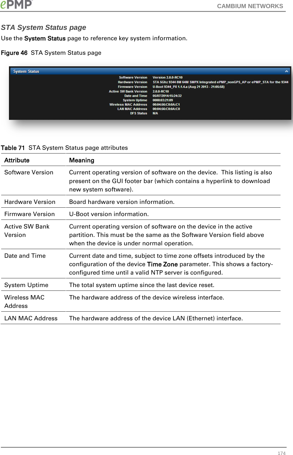 CAMBIUM NETWORKS  STA System Status page Use the System Status page to reference key system information. Figure 46  STA System Status page  Table 71  STA System Status page attributes Attribute Meaning Software Version Current operating version of software on the device.  This listing is also present on the GUI footer bar (which contains a hyperlink to download new system software). Hardware Version Board hardware version information. Firmware Version  U-Boot version information. Active SW Bank Version Current operating version of software on the device in the active partition. This must be the same as the Software Version field above when the device is under normal operation.  Date and Time Current date and time, subject to time zone offsets introduced by the configuration of the device Time Zone parameter. This shows a factory-configured time until a valid NTP server is configured. System Uptime The total system uptime since the last device reset. Wireless MAC Address The hardware address of the device wireless interface. LAN MAC Address The hardware address of the device LAN (Ethernet) interface.  174 