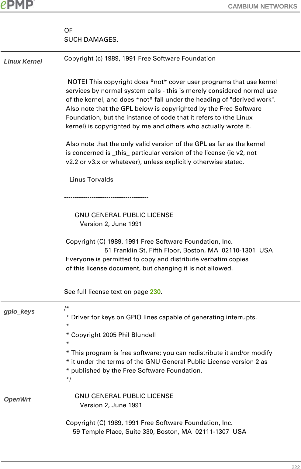 CAMBIUM NETWORKS  OF SUCH DAMAGES. Linux Kernel Copyright (c) 1989, 1991 Free Software Foundation    NOTE! This copyright does *not* cover user programs that use kernel  services by normal system calls - this is merely considered normal use  of the kernel, and does *not* fall under the heading of &quot;derived work&quot;.  Also note that the GPL below is copyrighted by the Free Software  Foundation, but the instance of code that it refers to (the Linux  kernel) is copyrighted by me and others who actually wrote it.   Also note that the only valid version of the GPL as far as the kernel  is concerned is _this_ particular version of the license (ie v2, not  v2.2 or v3.x or whatever), unless explicitly otherwise stated.     Linus Torvalds  ----------------------------------------        GNU GENERAL PUBLIC LICENSE          Version 2, June 1991   Copyright (C) 1989, 1991 Free Software Foundation, Inc.                        51 Franklin St, Fifth Floor, Boston, MA  02110-1301  USA  Everyone is permitted to copy and distribute verbatim copies  of this license document, but changing it is not allowed.  See full license text on page 230. gpio_keys /*  * Driver for keys on GPIO lines capable of generating interrupts.  *  * Copyright 2005 Phil Blundell  *  * This program is free software; you can redistribute it and/or modify  * it under the terms of the GNU General Public License version 2 as  * published by the Free Software Foundation.  */ OpenWrt       GNU GENERAL PUBLIC LICENSE          Version 2, June 1991   Copyright (C) 1989, 1991 Free Software Foundation, Inc.      59 Temple Place, Suite 330, Boston, MA  02111-1307  USA  222 