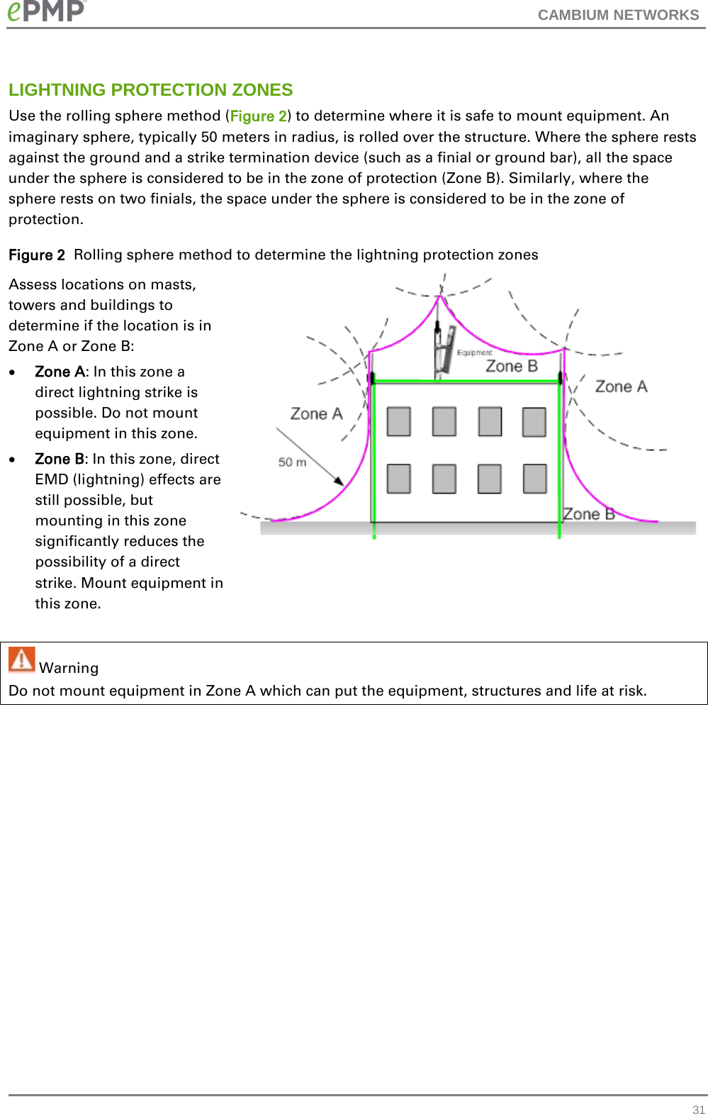 CAMBIUM NETWORKS  LIGHTNING PROTECTION ZONES Use the rolling sphere method (Figure 2) to determine where it is safe to mount equipment. An imaginary sphere, typically 50 meters in radius, is rolled over the structure. Where the sphere rests against the ground and a strike termination device (such as a finial or ground bar), all the space under the sphere is considered to be in the zone of protection (Zone B). Similarly, where the sphere rests on two finials, the space under the sphere is considered to be in the zone of protection. Figure 2  Rolling sphere method to determine the lightning protection zones Assess locations on masts, towers and buildings to determine if the location is in Zone A or Zone B: • Zone A: In this zone a direct lightning strike is possible. Do not mount equipment in this zone. • Zone B: In this zone, direct EMD (lightning) effects are still possible, but mounting in this zone significantly reduces the possibility of a direct strike. Mount equipment in this zone.    Warning Do not mount equipment in Zone A which can put the equipment, structures and life at risk.   31 