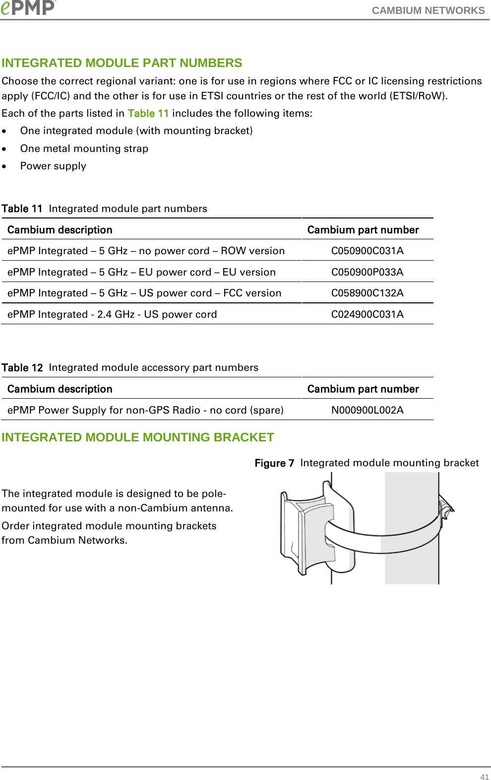 CAMBIUM NETWORKS  INTEGRATED MODULE PART NUMBERS Choose the correct regional variant: one is for use in regions where FCC or IC licensing restrictions apply (FCC/IC) and the other is for use in ETSI countries or the rest of the world (ETSI/RoW). Each of the parts listed in Table 11 includes the following items: • One integrated module (with mounting bracket) • One metal mounting strap • Power supply  Table 11  Integrated module part numbers Cambium description Cambium part number ePMP Integrated – 5 GHz – no power cord – ROW version C050900C031A ePMP Integrated – 5 GHz – EU power cord – EU version C050900P033A ePMP Integrated – 5 GHz – US power cord – FCC version C058900C132A ePMP Integrated - 2.4 GHz - US power cord C024900C031A  Table 12  Integrated module accessory part numbers Cambium description Cambium part number ePMP Power Supply for non-GPS Radio - no cord (spare) N000900L002A INTEGRATED MODULE MOUNTING BRACKET The integrated module is designed to be pole-mounted for use with a non-Cambium antenna.   Order integrated module mounting brackets from Cambium Networks.  Figure 7  Integrated module mounting bracket    41 