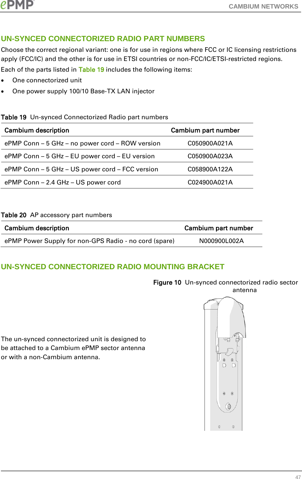 CAMBIUM NETWORKS  UN-SYNCED CONNECTORIZED RADIO PART NUMBERS Choose the correct regional variant: one is for use in regions where FCC or IC licensing restrictions apply (FCC/IC) and the other is for use in ETSI countries or non-FCC/IC/ETSI-restricted regions. Each of the parts listed in Table 19 includes the following items: • One connectorized unit • One power supply 100/10 Base-TX LAN injector  Table 19  Un-synced Connectorized Radio part numbers Cambium description Cambium part number ePMP Conn – 5 GHz – no power cord – ROW version C050900A021A ePMP Conn – 5 GHz – EU power cord – EU version C050900A023A ePMP Conn – 5 GHz – US power cord – FCC version C058900A122A ePMP Conn – 2.4 GHz – US power cord C024900A021A  Table 20  AP accessory part numbers Cambium description Cambium part number ePMP Power Supply for non-GPS Radio - no cord (spare) N000900L002A  UN-SYNCED CONNECTORIZED RADIO MOUNTING BRACKET The un-synced connectorized unit is designed to be attached to a Cambium ePMP sector antenna or with a non-Cambium antenna.  Figure 10  Un-synced connectorized radio sector antenna     47 