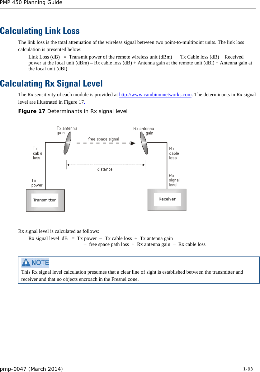 PMP 450 Planning Guide    Calculating Link Loss The link loss is the total attenuation of the wireless signal between two point-to-multipoint units. The link loss calculation is presented below: Link Loss (dB)   =  Transmit power of the remote wireless unit (dBm)  −  Tx Cable loss (dB) − Received power at the local unit (dBm) – Rx cable loss (dB) + Antenna gain at the remote unit (dBi) + Antenna gain at the local unit (dBi) Calculating Rx Signal Level The Rx sensitivity of each module is provided at http://www.cambiumnetworks.com. The determinants in Rx signal level are illustrated in Figure 17. Figure 17 Determinants in Rx signal level   Rx signal level is calculated as follows: Rx signal level  dB   =  Tx power  −  Tx cable loss  +  Tx antenna gain                                              −  free space path loss  +  Rx antenna gain  −  Rx cable loss   This Rx signal level calculation presumes that a clear line of sight is established between the transmitter and receiver and that no objects encroach in the Fresnel zone. pmp-0047 (March 2014)   1-93  