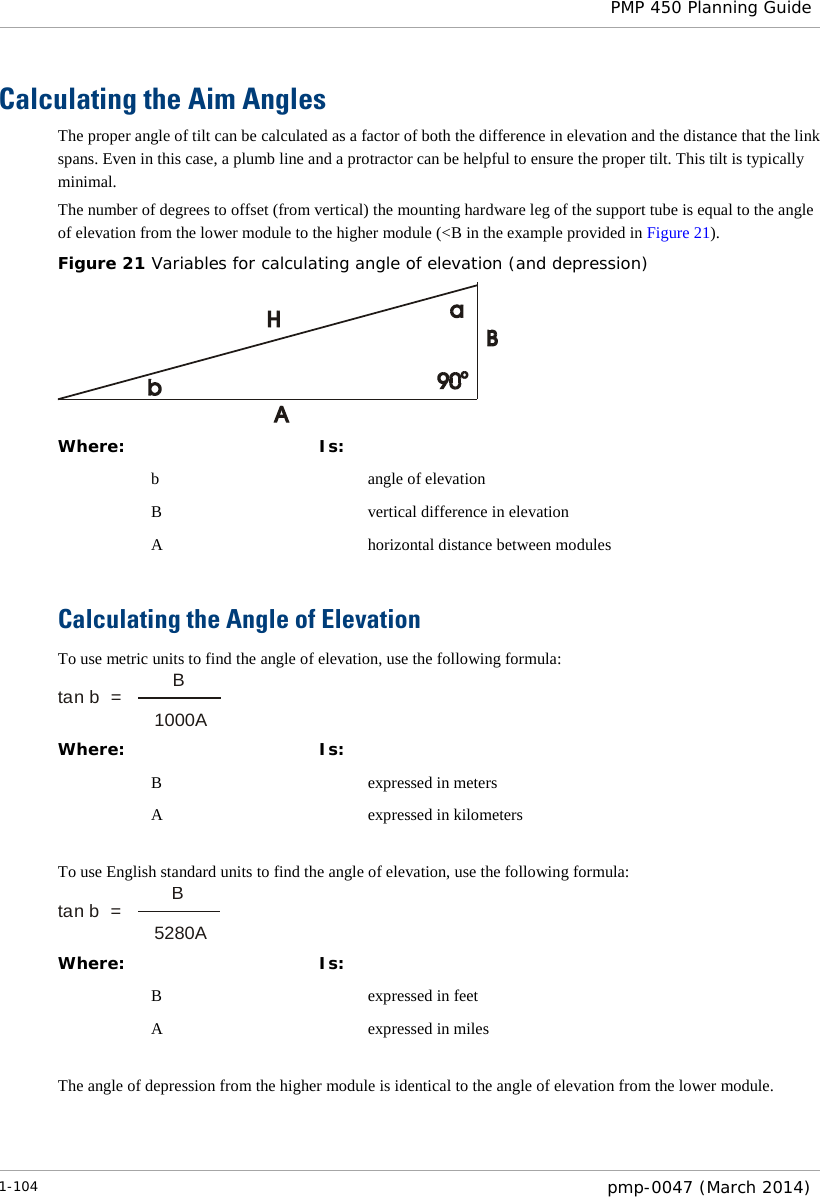  PMP 450 Planning Guide  Calculating the Aim Angles The proper angle of tilt can be calculated as a factor of both the difference in elevation and the distance that the link spans. Even in this case, a plumb line and a protractor can be helpful to ensure the proper tilt. This tilt is typically minimal. The number of degrees to offset (from vertical) the mounting hardware leg of the support tube is equal to the angle of elevation from the lower module to the higher module (&lt;B in the example provided in Figure 21). Figure 21 Variables for calculating angle of elevation (and depression)  Where:  Is:    b    angle of elevation   B    vertical difference in elevation   A    horizontal distance between modules  Calculating the Angle of Elevation To use metric units to find the angle of elevation, use the following formula:  Where:  Is:    B    expressed in meters   A    expressed in kilometers  To use English standard units to find the angle of elevation, use the following formula:  Where:  Is:    B    expressed in feet   A    expressed in miles  The angle of depression from the higher module is identical to the angle of elevation from the lower module. tan b  =    B1000Atan b  =    B5280A1-104  pmp-0047 (March 2014)  