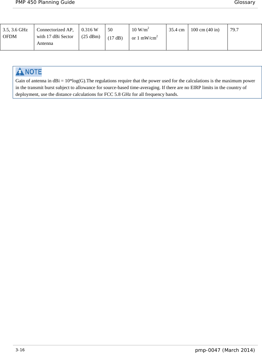 PMP 450 Planning Guide Glossary  3.5, 3.6 GHz OFDM Connectorized AP, with 17 dBi Sector Antenna 0.316 W (25 dBm) 50  (17 dB) 10 W/m2 or 1 mW/cm2 35.4 cm 100 cm (40 in)  79.7    Gain of antenna in dBi = 10*log(G).The regulations require that the power used for the calculations is the maximum power in the transmit burst subject to allowance for source-based time-averaging. If there are no EIRP limits in the country of deployment, use the distance calculations for FCC 5.8 GHz for all frequency bands. 3-16  pmp-0047 (March 2014)  