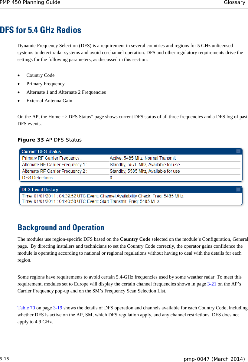 PMP 450 Planning Guide Glossary  DFS for 5.4 GHz Radios Dynamic Frequency Selection (DFS) is a requirement in several countries and regions for 5 GHz unlicensed systems to detect radar systems and avoid co-channel operation. DFS and other regulatory requirements drive the settings for the following parameters, as discussed in this section:  • Country Code • Primary Frequency • Alternate 1 and Alternate 2 Frequencies • External Antenna Gain  On the AP, the Home =&gt; DFS Status” page shows current DFS status of all three frequencies and a DFS log of past DFS events.   Figure 33 AP DFS Status   Background and Operation The modules use region-specific DFS based on the Country Code selected on the module’s Configuration, General page.  By directing installers and technicians to set the Country Code correctly, the operator gains confidence the module is operating according to national or regional regulations without having to deal with the details for each region.  Some regions have requirements to avoid certain 5.4-GHz frequencies used by some weather radar. To meet this requirement, modules set to Europe will display the certain channel frequencies shown in page 3-21 on the AP’s Carrier Frequency pop-up and on the SM’s Frequency Scan Selection List.  Table 70 on page 3-19 shows the details of DFS operation and channels available for each Country Code, including whether DFS is active on the AP, SM, which DFS regulation apply, and any channel restrictions. DFS does not apply to 4.9 GHz.  3-18  pmp-0047 (March 2014)  