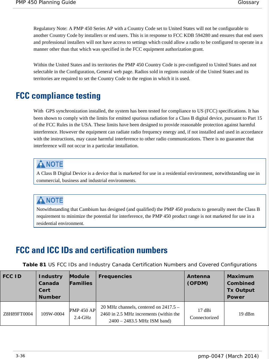 PMP 450 Planning Guide Glossary  Regulatory Note: A PMP 450 Series AP with a Country Code set to United States will not be configurable to another Country Code by installers or end users. This is in response to FCC KDB 594280 and ensures that end users and professional installers will not have access to settings which could allow a radio to be configured to operate in a manner other than that which was specified in the FCC equipment authorization grant.  Within the United States and its territories the PMP 450 Country Code is pre-configured to United States and not selectable in the Configuration, General web page. Radios sold in regions outside of the United States and its territories are required to set the Country Code to the region in which it is used. FCC compliance testing With  GPS synchronization installed, the system has been tested for compliance to US (FCC) specifications. It has been shown to comply with the limits for emitted spurious radiation for a Class B digital device, pursuant to Part 15 of the FCC Rules in the USA. These limits have been designed to provide reasonable protection against harmful interference. However the equipment can radiate radio frequency energy and, if not installed and used in accordance with the instructions, may cause harmful interference to other radio communications. There is no guarantee that interference will not occur in a particular installation.   A Class B Digital Device is a device that is marketed for use in a residential environment, notwithstanding use in commercial, business and industrial environments.   Notwithstanding that Cambium has designed (and qualified) the PMP 450 products to generally meet the Class B requirement to minimize the potential for interference, the PMP 450 product range is not marketed for use in a residential environment.  FCC and ICC IDs and certification numbers Table 81 US FCC IDs and Industry Canada Certification Numbers and Covered Configurations FCC ID    Industry Canada Cert Number Module Families Frequencies Antenna (OFDM)  Maximum Combined Tx Output Power Z8H89FT0004 109W-0004 PMP 450 AP 2.4-GHz 20 MHz channels, centered on 2417.5 – 2460 in 2.5 MHz increments (within the 2400 – 2483.5 MHz ISM band) 17 dBi Connectorized 19 dBm 3-36  pmp-0047 (March 2014)  