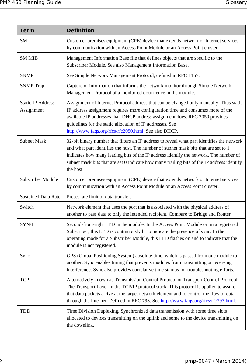 PMP 450 Planning Guide Glossary  Term Definition SM Customer premises equipment (CPE) device that extends network or Internet services by communication with an Access Point Module or an Access Point cluster. SM MIB Management Information Base file that defines objects that are specific to the Subscriber Module. See also Management Information Base. SNMP See Simple Network Management Protocol, defined in RFC 1157. SNMP Trap Capture of information that informs the network monitor through Simple Network Management Protocol of a monitored occurrence in the module. Static IP Address Assignment Assignment of Internet Protocol address that can be changed only manually. Thus static IP address assignment requires more configuration time and consumes more of the available IP addresses than DHCP address assignment does. RFC 2050 provides guidelines for the static allocation of IP addresses. See http://www.faqs.org/rfcs/rfc2050.html. See also DHCP. Subnet Mask 32-bit binary number that filters an IP address to reveal what part identifies the network and what part identifies the host. The number of subnet mask bits that are set to 1 indicates how many leading bits of the IP address identify the network. The number of subnet mask bits that are set 0 indicate how many trailing bits of the IP address identify the host. Subscriber Module Customer premises equipment (CPE) device that extends network or Internet services by communication with an Access Point Module or an Access Point cluster. Sustained Data Rate Preset rate limit of data transfer. Switch Network element that uses the port that is associated with the physical address of another to pass data to only the intended recipient. Compare to Bridge and Router. SYN/1 Second-from-right LED in the module. In the Access Point Module or  in a registered Subscriber, this LED is continuously lit to indicate the presence of sync. In the operating mode for a Subscriber Module, this LED flashes on and to indicate that the module is not registered.  Sync GPS (Global Positioning System) absolute time, which is passed from one module to another. Sync enables timing that prevents modules from transmitting or receiving interference. Sync also provides correlative time stamps for troubleshooting efforts. TCP Alternatively known as Transmission Control Protocol or Transport Control Protocol. The Transport Layer in the TCP/IP protocol stack. This protocol is applied to assure that data packets arrive at the target network element and to control the flow of data through the Internet. Defined in RFC 793. See http://www.faqs.org/rfcs/rfc793.html. TDD Time Division Duplexing. Synchronized data transmission with some time slots allocated to devices transmitting on the uplink and some to the device transmitting on the downlink.  X  pmp-0047 (March 2014)  