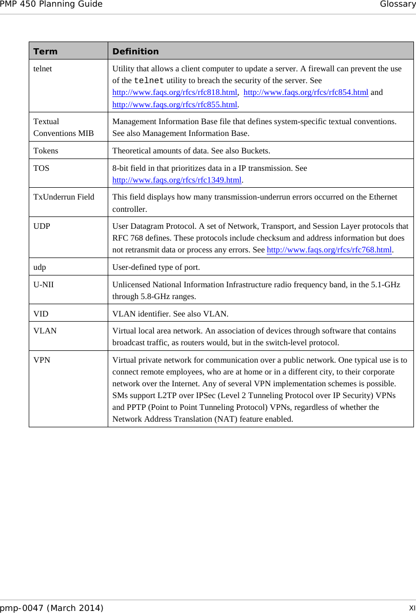 PMP 450 Planning Guide Glossary  Term Definition telnet Utility that allows a client computer to update a server. A firewall can prevent the use of the telnet utility to breach the security of the server. See http://www.faqs.org/rfcs/rfc818.html,  http://www.faqs.org/rfcs/rfc854.html and http://www.faqs.org/rfcs/rfc855.html. Textual Conventions MIB Management Information Base file that defines system-specific textual conventions. See also Management Information Base. Tokens Theoretical amounts of data. See also Buckets. TOS  8-bit field in that prioritizes data in a IP transmission. See http://www.faqs.org/rfcs/rfc1349.html. TxUnderrun Field This field displays how many transmission-underrun errors occurred on the Ethernet controller. UDP User Datagram Protocol. A set of Network, Transport, and Session Layer protocols that RFC 768 defines. These protocols include checksum and address information but does not retransmit data or process any errors. See http://www.faqs.org/rfcs/rfc768.html. udp User-defined type of port. U-NII Unlicensed National Information Infrastructure radio frequency band, in the 5.1-GHz through 5.8-GHz ranges. VID VLAN identifier. See also VLAN. VLAN Virtual local area network. An association of devices through software that contains broadcast traffic, as routers would, but in the switch-level protocol. VPN Virtual private network for communication over a public network. One typical use is to connect remote employees, who are at home or in a different city, to their corporate network over the Internet. Any of several VPN implementation schemes is possible. SMs support L2TP over IPSec (Level 2 Tunneling Protocol over IP Security) VPNs and PPTP (Point to Point Tunneling Protocol) VPNs, regardless of whether the Network Address Translation (NAT) feature enabled.    pmp-0047 (March 2014)   XI  