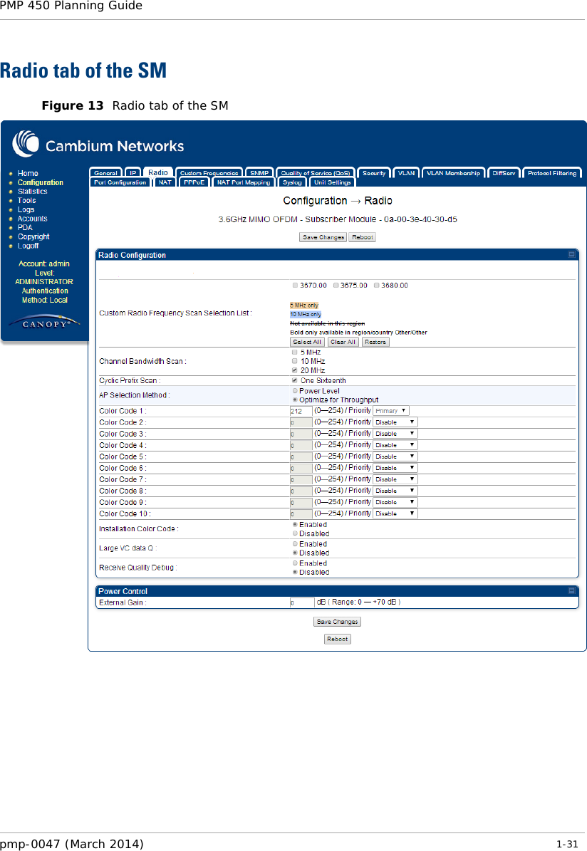 PMP 450 Planning Guide    Radio tab of the SM Figure 13  Radio tab of the SM    pmp-0047 (March 2014)   1-31  