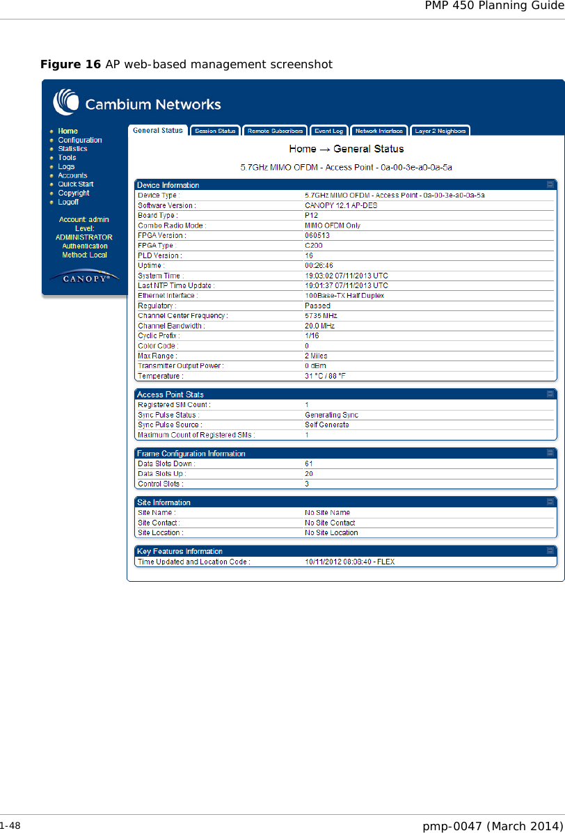 PMP 450 Planning Guide  Figure 16 AP web-based management screenshot     1-48  pmp-0047 (March 2014)  