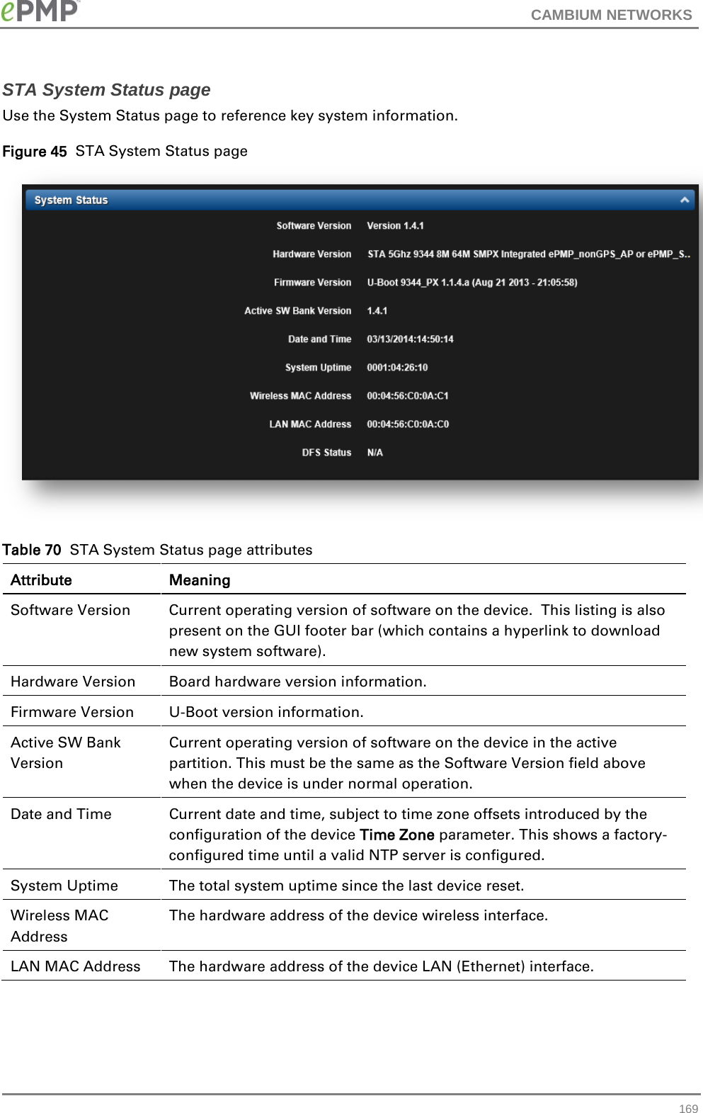 CAMBIUM NETWORKS  STA System Status page Use the System Status page to reference key system information. Figure 45  STA System Status page  Table 70  STA System Status page attributes Attribute Meaning Software Version Current operating version of software on the device.  This listing is also present on the GUI footer bar (which contains a hyperlink to download new system software). Hardware Version Board hardware version information. Firmware Version  U-Boot version information. Active SW Bank Version Current operating version of software on the device in the active partition. This must be the same as the Software Version field above when the device is under normal operation.  Date and Time Current date and time, subject to time zone offsets introduced by the configuration of the device Time Zone parameter. This shows a factory-configured time until a valid NTP server is configured. System Uptime The total system uptime since the last device reset. Wireless MAC Address The hardware address of the device wireless interface. LAN MAC Address The hardware address of the device LAN (Ethernet) interface.  169 
