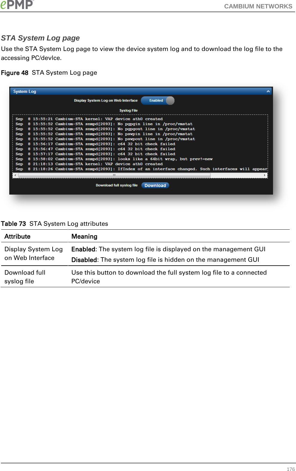 CAMBIUM NETWORKS  STA System Log page Use the STA System Log page to view the device system log and to download the log file to the accessing PC/devlce. Figure 48  STA System Log page  Table 73  STA System Log attributes Attribute Meaning Display System Log on Web Interface Enabled: The system log file is displayed on the management GUI Disabled: The system log file is hidden on the management GUI Download full syslog file Use this button to download the full system log file to a connected PC/device    176 