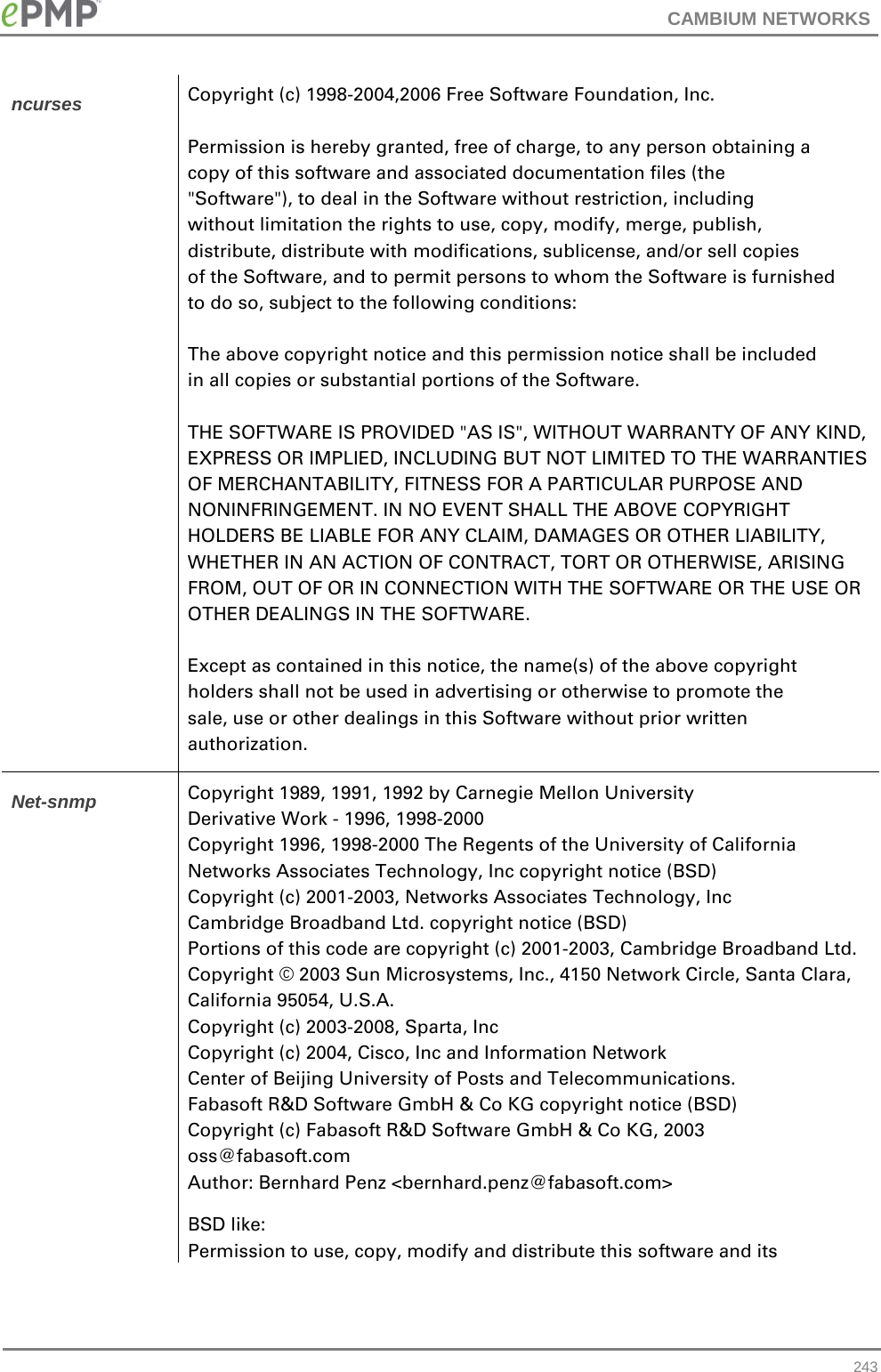 CAMBIUM NETWORKS  ncurses Copyright (c) 1998-2004,2006 Free Software Foundation, Inc.                                                                                           Permission is hereby granted, free of charge, to any person obtaining a    copy of this software and associated documentation files (the              &quot;Software&quot;), to deal in the Software without restriction, including        without limitation the rights to use, copy, modify, merge, publish,        distribute, distribute with modifications, sublicense, and/or sell copies  of the Software, and to permit persons to whom the Software is furnished   to do so, subject to the following conditions:                                                                                                        The above copyright notice and this permission notice shall be included    in all copies or substantial portions of the Software.                                                                                                THE SOFTWARE IS PROVIDED &quot;AS IS&quot;, WITHOUT WARRANTY OF ANY KIND, EXPRESS OR IMPLIED, INCLUDING BUT NOT LIMITED TO THE WARRANTIES OF MERCHANTABILITY, FITNESS FOR A PARTICULAR PURPOSE AND NONINFRINGEMENT. IN NO EVENT SHALL THE ABOVE COPYRIGHT HOLDERS BE LIABLE FOR ANY CLAIM, DAMAGES OR OTHER LIABILITY, WHETHER IN AN ACTION OF CONTRACT, TORT OR OTHERWISE, ARISING FROM, OUT OF OR IN CONNECTION WITH THE SOFTWARE OR THE USE OR OTHER DEALINGS IN THE SOFTWARE.                                                                                                                Except as contained in this notice, the name(s) of the above copyright     holders shall not be used in advertising or otherwise to promote the       sale, use or other dealings in this Software without prior written         authorization.                                                           Net-snmp Copyright 1989, 1991, 1992 by Carnegie Mellon University Derivative Work - 1996, 1998-2000 Copyright 1996, 1998-2000 The Regents of the University of California  Networks Associates Technology, Inc copyright notice (BSD)  Copyright (c) 2001-2003, Networks Associates Technology, Inc        Cambridge Broadband Ltd. copyright notice (BSD)  Portions of this code are copyright (c) 2001-2003, Cambridge Broadband Ltd.  Copyright © 2003 Sun Microsystems, Inc., 4150 Network Circle, Santa Clara, California 95054, U.S.A.  Copyright (c) 2003-2008, Sparta, Inc   Copyright (c) 2004, Cisco, Inc and Information Network Center of Beijing University of Posts and Telecommunications.  Fabasoft R&amp;D Software GmbH &amp; Co KG copyright notice (BSD)  Copyright (c) Fabasoft R&amp;D Software GmbH &amp; Co KG, 2003 oss@fabasoft.com Author: Bernhard Penz &lt;bernhard.penz@fabasoft.com&gt; BSD like:                                                                                                                     Permission to use, copy, modify and distribute this software and its  243 