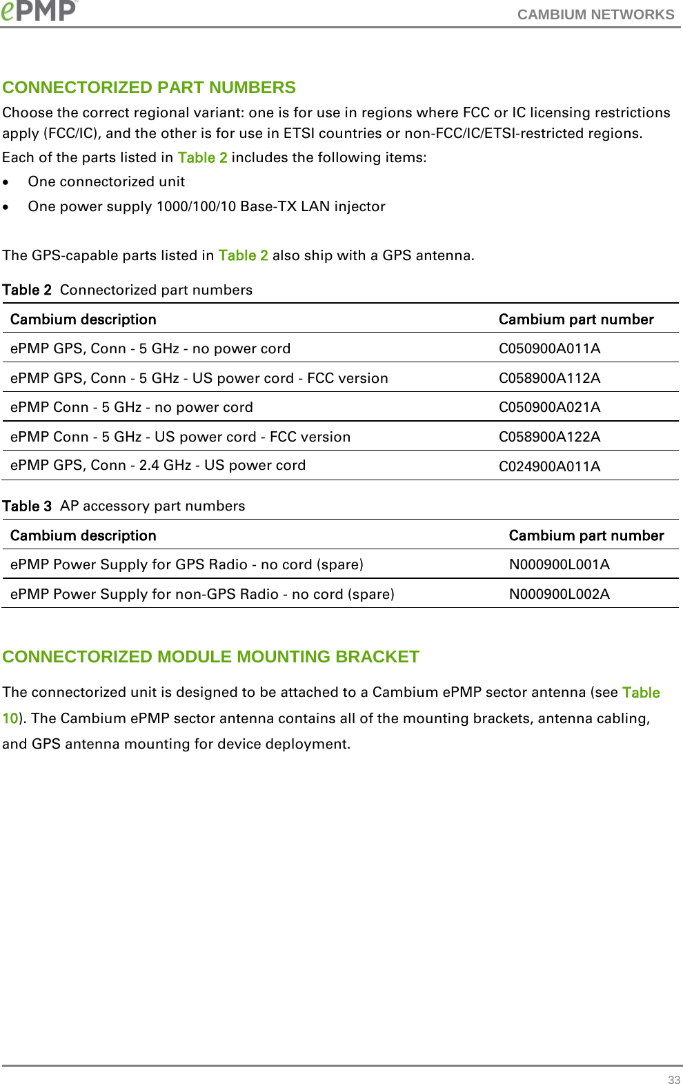 CAMBIUM NETWORKS  CONNECTORIZED PART NUMBERS Choose the correct regional variant: one is for use in regions where FCC or IC licensing restrictions apply (FCC/IC), and the other is for use in ETSI countries or non-FCC/IC/ETSI-restricted regions. Each of the parts listed in Table 2 includes the following items: • One connectorized unit • One power supply 1000/100/10 Base-TX LAN injector  The GPS-capable parts listed in Table 2 also ship with a GPS antenna. Table 2  Connectorized part numbers Cambium description Cambium part number ePMP GPS, Conn - 5 GHz - no power cord C050900A011A ePMP GPS, Conn - 5 GHz - US power cord - FCC version C058900A112A ePMP Conn - 5 GHz - no power cord C050900A021A ePMP Conn - 5 GHz - US power cord - FCC version C058900A122A ePMP GPS, Conn - 2.4 GHz - US power cord C024900A011A Table 3  AP accessory part numbers Cambium description Cambium part number ePMP Power Supply for GPS Radio - no cord (spare) N000900L001A ePMP Power Supply for non-GPS Radio - no cord (spare) N000900L002A  CONNECTORIZED MODULE MOUNTING BRACKET  The connectorized unit is designed to be attached to a Cambium ePMP sector antenna (see Table 10). The Cambium ePMP sector antenna contains all of the mounting brackets, antenna cabling, and GPS antenna mounting for device deployment.  33 