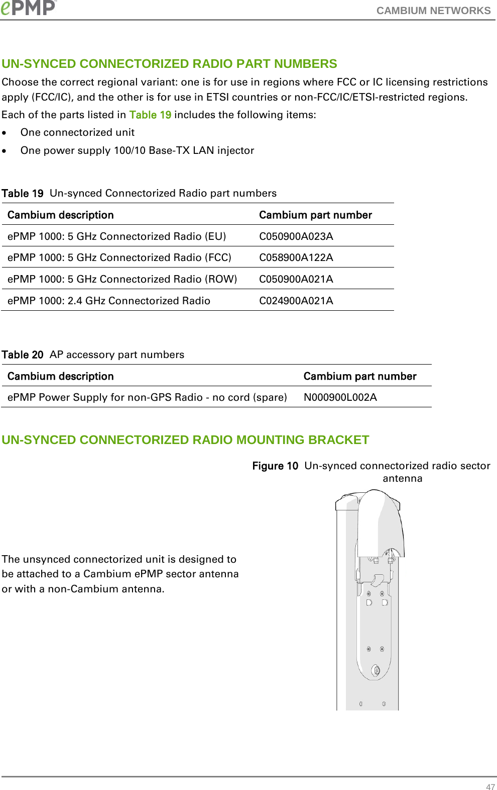 CAMBIUM NETWORKS  UN-SYNCED CONNECTORIZED RADIO PART NUMBERS Choose the correct regional variant: one is for use in regions where FCC or IC licensing restrictions apply (FCC/IC), and the other is for use in ETSI countries or non-FCC/IC/ETSI-restricted regions. Each of the parts listed in Table 19 includes the following items: • One connectorized unit • One power supply 100/10 Base-TX LAN injector  Table 19  Un-synced Connectorized Radio part numbers Cambium description Cambium part number ePMP 1000: 5 GHz Connectorized Radio (EU) C050900A023A ePMP 1000: 5 GHz Connectorized Radio (FCC) C058900A122A ePMP 1000: 5 GHz Connectorized Radio (ROW) C050900A021A ePMP 1000: 2.4 GHz Connectorized Radio C024900A021A  Table 20  AP accessory part numbers Cambium description Cambium part number ePMP Power Supply for non-GPS Radio - no cord (spare) N000900L002A  UN-SYNCED CONNECTORIZED RADIO MOUNTING BRACKET The unsynced connectorized unit is designed to be attached to a Cambium ePMP sector antenna or with a non-Cambium antenna.  Figure 10  Un-synced connectorized radio sector antenna     47 