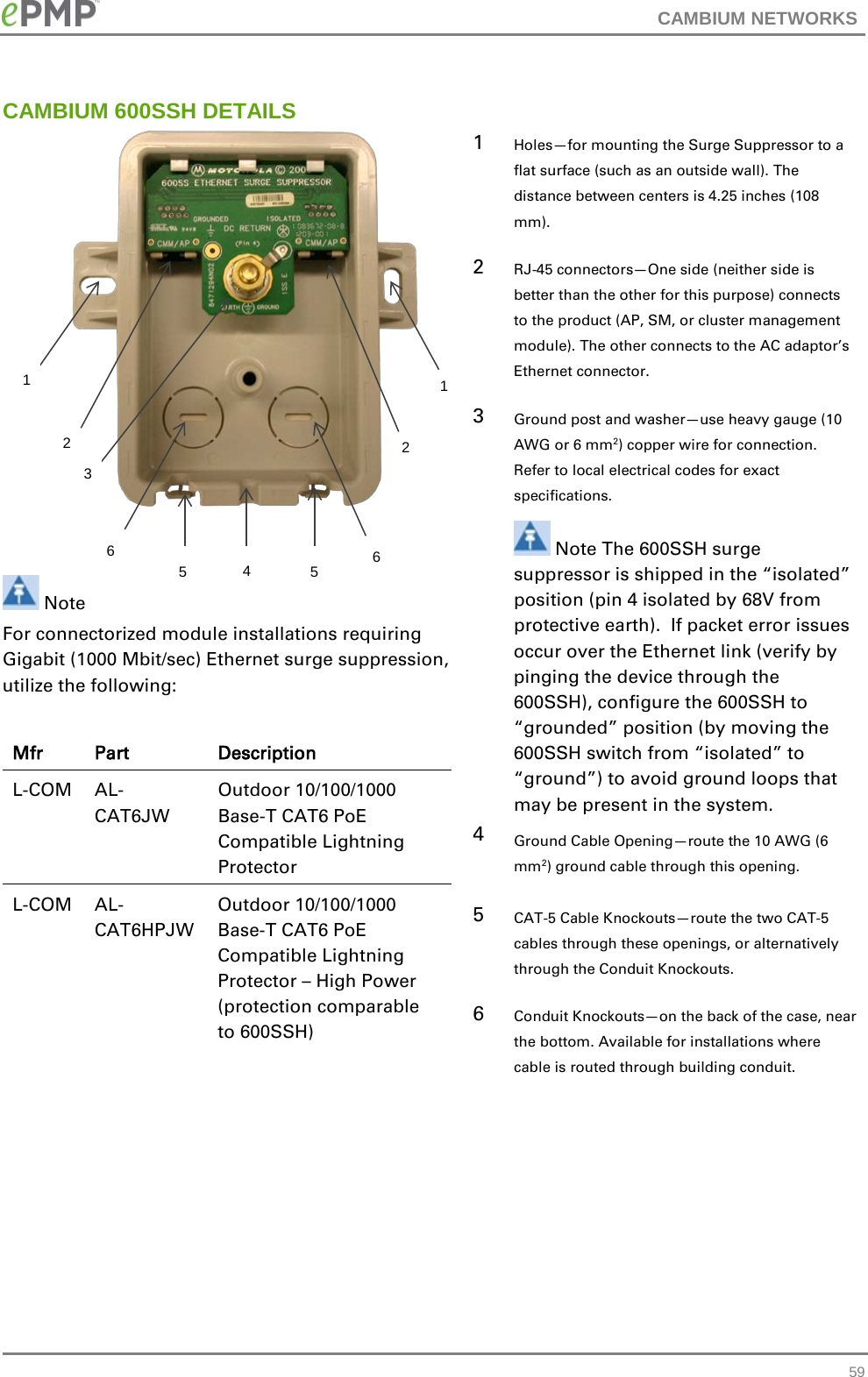 CAMBIUM NETWORKS  CAMBIUM 600SSH DETAILS     Note For connectorized module installations requiring Gigabit (1000 Mbit/sec) Ethernet surge suppression, utilize the following:  Mfr Part Description L-COM AL-CAT6JW Outdoor 10/100/1000 Base-T CAT6 PoE Compatible Lightning Protector L-COM AL-CAT6HPJW Outdoor 10/100/1000 Base-T CAT6 PoE Compatible Lightning Protector – High Power (protection comparable to 600SSH)  1  Holes—for mounting the Surge Suppressor to a flat surface (such as an outside wall). The distance between centers is 4.25 inches (108 mm). 2  RJ-45 connectors—One side (neither side is better than the other for this purpose) connects to the product (AP, SM, or cluster management module). The other connects to the AC adaptor’s Ethernet connector. 3  Ground post and washer—use heavy gauge (10 AWG or 6 mm2) copper wire for connection. Refer to local electrical codes for exact specifications.  Note The 600SSH surge suppressor is shipped in the “isolated” position (pin 4 isolated by 68V from protective earth).  If packet error issues occur over the Ethernet link (verify by pinging the device through the 600SSH), configure the 600SSH to “grounded” position (by moving the 600SSH switch from “isolated” to “ground”) to avoid ground loops that may be present in the system. 4  Ground Cable Opening—route the 10 AWG (6 mm2) ground cable through this opening. 5  CAT-5 Cable Knockouts—route the two CAT-5 cables through these openings, or alternatively through the Conduit Knockouts. 6  Conduit Knockouts—on the back of the case, near the bottom. Available for installations where cable is routed through building conduit. 1 2 3 6 5 4 5 6 2 1  59 