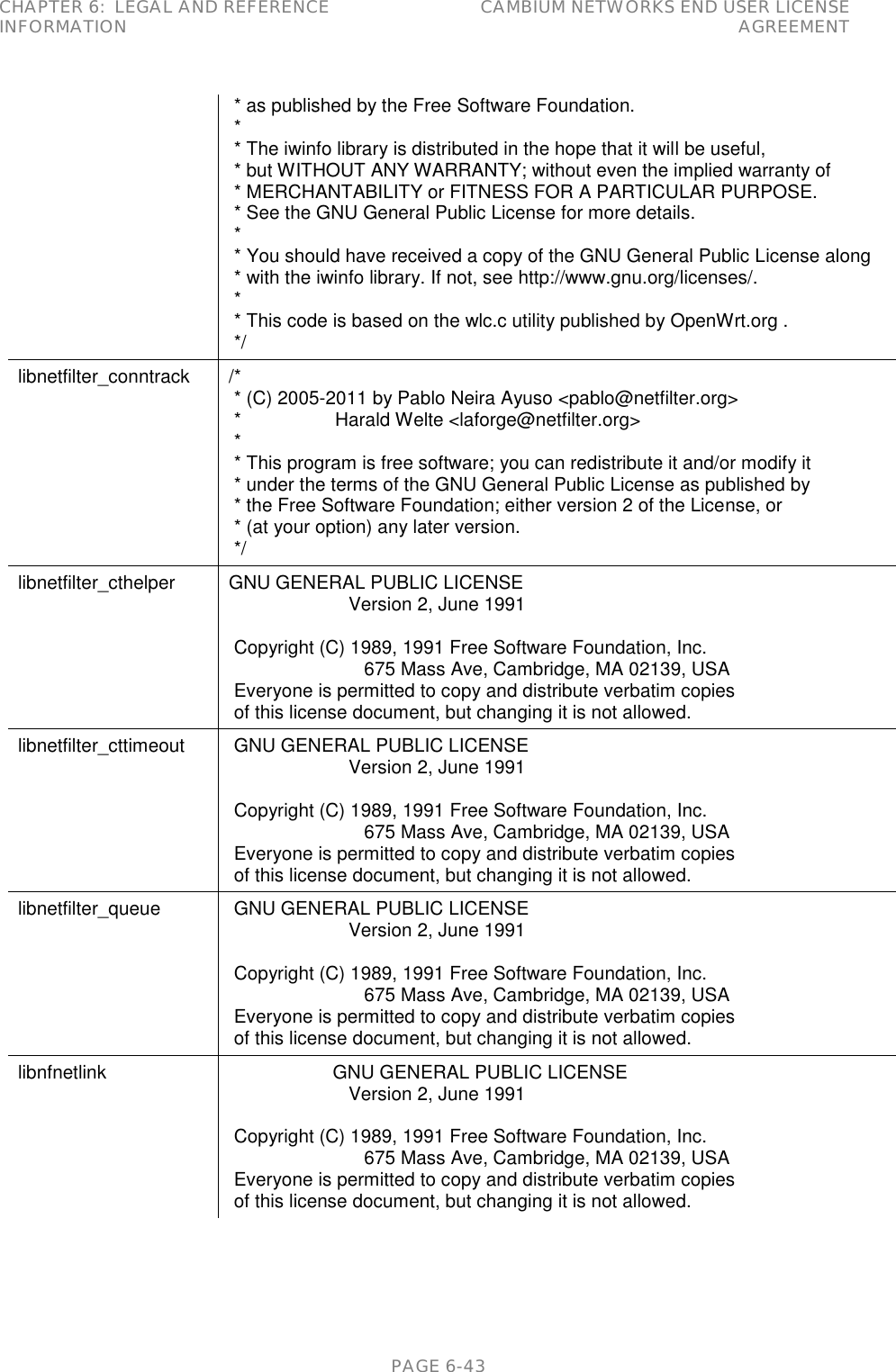 CHAPTER 6:  LEGAL AND REFERENCE INFORMATION CAMBIUM NETWORKS END USER LICENSE AGREEMENT   PAGE 6-43  * as published by the Free Software Foundation.  *  * The iwinfo library is distributed in the hope that it will be useful,  * but WITHOUT ANY WARRANTY; without even the implied warranty of  * MERCHANTABILITY or FITNESS FOR A PARTICULAR PURPOSE.  * See the GNU General Public License for more details.  *  * You should have received a copy of the GNU General Public License along  * with the iwinfo library. If not, see http://www.gnu.org/licenses/.  *  * This code is based on the wlc.c utility published by OpenWrt.org .  */ libnetfilter_conntrack /*  * (C) 2005-2011 by Pablo Neira Ayuso &lt;pablo@netfilter.org&gt;  *                  Harald Welte &lt;laforge@netfilter.org&gt;  *  * This program is free software; you can redistribute it and/or modify it  * under the terms of the GNU General Public License as published by  * the Free Software Foundation; either version 2 of the License, or  * (at your option) any later version.  */ libnetfilter_cthelper GNU GENERAL PUBLIC LICENSE                        Version 2, June 1991   Copyright (C) 1989, 1991 Free Software Foundation, Inc.                           675 Mass Ave, Cambridge, MA 02139, USA  Everyone is permitted to copy and distribute verbatim copies  of this license document, but changing it is not allowed. libnetfilter_cttimeout  GNU GENERAL PUBLIC LICENSE                        Version 2, June 1991   Copyright (C) 1989, 1991 Free Software Foundation, Inc.                           675 Mass Ave, Cambridge, MA 02139, USA  Everyone is permitted to copy and distribute verbatim copies  of this license document, but changing it is not allowed. libnetfilter_queue  GNU GENERAL PUBLIC LICENSE                        Version 2, June 1991   Copyright (C) 1989, 1991 Free Software Foundation, Inc.                           675 Mass Ave, Cambridge, MA 02139, USA  Everyone is permitted to copy and distribute verbatim copies  of this license document, but changing it is not allowed. libnfnetlink                     GNU GENERAL PUBLIC LICENSE                        Version 2, June 1991   Copyright (C) 1989, 1991 Free Software Foundation, Inc.                           675 Mass Ave, Cambridge, MA 02139, USA  Everyone is permitted to copy and distribute verbatim copies  of this license document, but changing it is not allowed. 