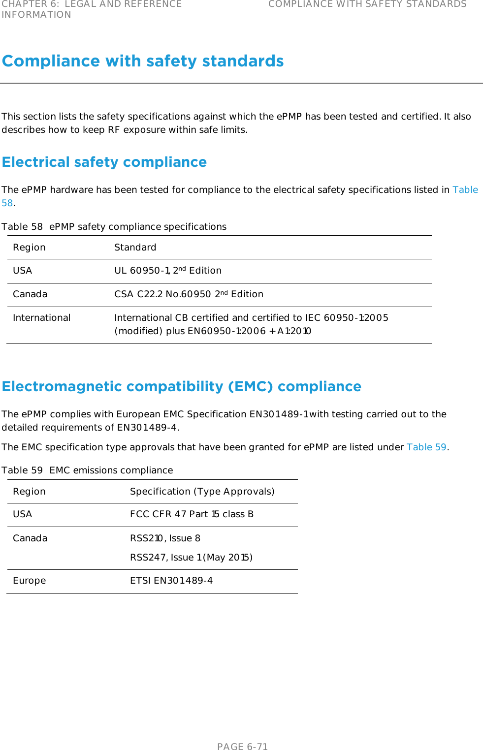 CHAPTER 6:  LEGAL AND REFERENCE INFORMATION COMPLIANCE WITH SAFETY STANDARDS   PAGE 6-71 Compliance with safety standards This section lists the safety specifications against which the ePMP has been tested and certified. It also describes how to keep RF exposure within safe limits. Electrical safety compliance  The ePMP hardware has been tested for compliance to the electrical safety specifications listed in Table 58. Table 58  ePMP safety compliance specifications Region Standard USA UL 60950-1, 2nd Edition Canada CSA C22.2 No.60950 2nd Edition International International CB certified and certified to IEC 60950-1:2005 (modified) plus EN60950-1:2006 + A1:2010  Electromagnetic compatibility (EMC) compliance The ePMP complies with European EMC Specification EN301 489-1 with testing carried out to the detailed requirements of EN301 489-4.  The EMC specification type approvals that have been granted for ePMP are listed under Table 59. Table 59  EMC emissions compliance Region Specification (Type Approvals) USA FCC CFR 47 Part 15 class B Canada RSS210, Issue 8 RSS247, Issue 1 (May 2015) Europe ETSI EN301 489-4 