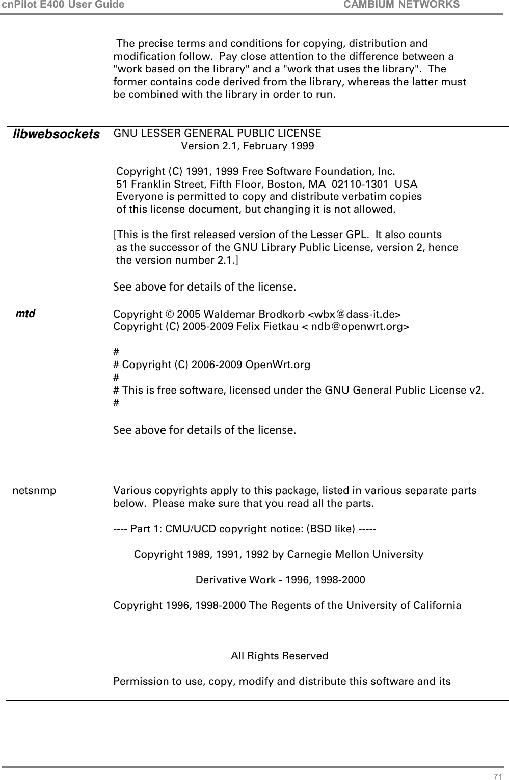 cnPilot E400 User Guide           CAMBIUM NETWORKS   71  The precise terms and conditions for copying, distribution and modification follow.  Pay close attention to the difference between a &quot;work based on the library&quot; and a &quot;work that uses the library&quot;.  The former contains code derived from the library, whereas the latter must be combined with the library in order to run.   libwebsockets GNU LESSER GENERAL PUBLIC LICENSE                        Version 2.1, February 1999   Copyright (C) 1991, 1999 Free Software Foundation, Inc.  51 Franklin Street, Fifth Floor, Boston, MA  02110-1301  USA  Everyone is permitted to copy and distribute verbatim copies  of this license document, but changing it is not allowed.  [This is the first released version of the Lesser GPL.  It also counts  as the successor of the GNU Library Public License, version 2, hence  the version number 2.1.]  See above for details of the license.   mtd  Copyright © 2005 Waldemar Brodkorb &lt;wbx@dass-it.de&gt; Copyright (C) 2005-2009 Felix Fietkau &lt; ndb@openwrt.org&gt; # # Copyright (C) 2006-2009 OpenWrt.org # # This is free software, licensed under the GNU General Public License v2. # See above for details of the license.  netsnmp Various copyrights apply to this package, listed in various separate parts below.  Please make sure that you read all the parts. ---- Part 1: CMU/UCD copyright notice: (BSD like) -----        Copyright 1989, 1991, 1992 by Carnegie Mellon University       Derivative Work - 1996, 1998-2000 Copyright 1996, 1998-2000 The Regents of the University of California         All Rights Reserved Permission to use, copy, modify and distribute this software and its 