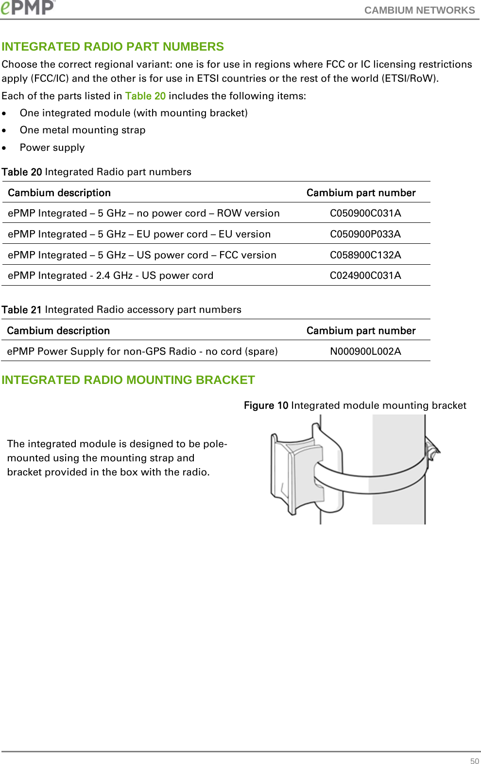CAMBIUM NETWORKS   50INTEGRATED RADIO PART NUMBERS Choose the correct regional variant: one is for use in regions where FCC or IC licensing restrictions apply (FCC/IC) and the other is for use in ETSI countries or the rest of the world (ETSI/RoW). Each of the parts listed in Table 20 includes the following items:  One integrated module (with mounting bracket)  One metal mounting strap  Power supply Table 20 Integrated Radio part numbers Cambium description  Cambium part number ePMP Integrated – 5 GHz – no power cord – ROW version C050900C031A ePMP Integrated – 5 GHz – EU power cord – EU version  C050900P033A ePMP Integrated – 5 GHz – US power cord – FCC version C058900C132A ePMP Integrated - 2.4 GHz - US power cord  C024900C031A Table 21 Integrated Radio accessory part numbers Cambium description  Cambium part number ePMP Power Supply for non-GPS Radio - no cord (spare) N000900L002A INTEGRATED RADIO MOUNTING BRACKET The integrated module is designed to be pole-mounted using the mounting strap and bracket provided in the box with the radio.   Figure 10 Integrated module mounting bracket   