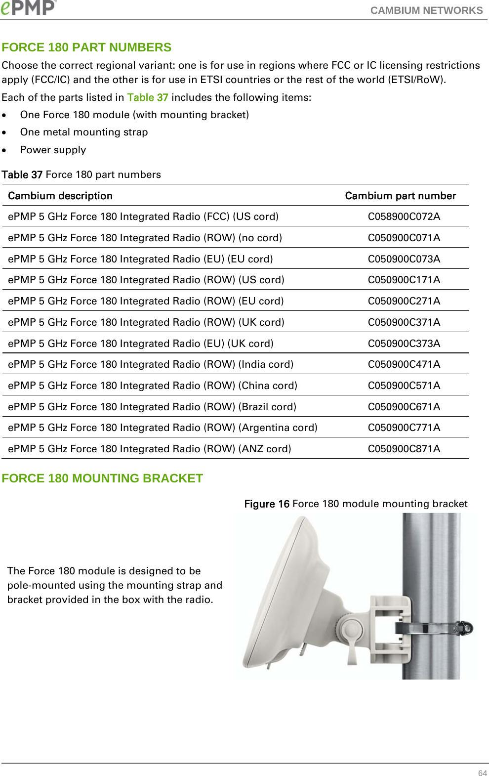 CAMBIUM NETWORKS   64FORCE 180 PART NUMBERS Choose the correct regional variant: one is for use in regions where FCC or IC licensing restrictions apply (FCC/IC) and the other is for use in ETSI countries or the rest of the world (ETSI/RoW). Each of the parts listed in Table 37 includes the following items:  One Force 180 module (with mounting bracket)  One metal mounting strap  Power supply Table 37 Force 180 part numbers Cambium description  Cambium part number ePMP 5 GHz Force 180 Integrated Radio (FCC) (US cord)  C058900C072A ePMP 5 GHz Force 180 Integrated Radio (ROW) (no cord)  C050900C071A ePMP 5 GHz Force 180 Integrated Radio (EU) (EU cord)  C050900C073A ePMP 5 GHz Force 180 Integrated Radio (ROW) (US cord)  C050900C171A ePMP 5 GHz Force 180 Integrated Radio (ROW) (EU cord)  C050900C271A ePMP 5 GHz Force 180 Integrated Radio (ROW) (UK cord)  C050900C371A ePMP 5 GHz Force 180 Integrated Radio (EU) (UK cord)  C050900C373A ePMP 5 GHz Force 180 Integrated Radio (ROW) (India cord)  C050900C471A ePMP 5 GHz Force 180 Integrated Radio (ROW) (China cord)  C050900C571A ePMP 5 GHz Force 180 Integrated Radio (ROW) (Brazil cord)  C050900C671A ePMP 5 GHz Force 180 Integrated Radio (ROW) (Argentina cord)  C050900C771A ePMP 5 GHz Force 180 Integrated Radio (ROW) (ANZ cord)  C050900C871A FORCE 180 MOUNTING BRACKET The Force 180 module is designed to be pole-mounted using the mounting strap and bracket provided in the box with the radio.   Figure 16 Force 180 module mounting bracket   