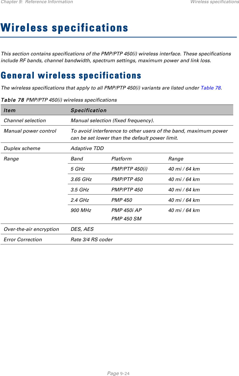Chapter 9:  Reference Information Wireless specifications   Page 9-24 Wireless specifications This section contains specifications of the PMP/PTP 450(i) wireless interface. These specifications include RF bands, channel bandwidth, spectrum settings, maximum power and link loss. General wireless specifications The wireless specifications that apply to all PMP/PTP 450(i) variants are listed under Table 78. Table 78 PMP/PTP 450(i) wireless specifications Item Specification Channel selection Manual selection (fixed frequency). Manual power control  To avoid interference to other users of the band, maximum power can be set lower than the default power limit. Duplex scheme Adaptive TDD Range Band Platform Range 5 GHz  PMP/PTP 450(i) 40 mi / 64 km 3.65 GHz  PMP/PTP 450 40 mi / 64 km 3.5 GHz  PMP/PTP 450 40 mi / 64 km 2.4 GHz  PMP 450 40 mi / 64 km 900 MHz  PMP 450i AP  PMP 450 SM 40 mi / 64 km Over-the-air encryption DES, AES Error Correction Rate 3/4 RS coder    