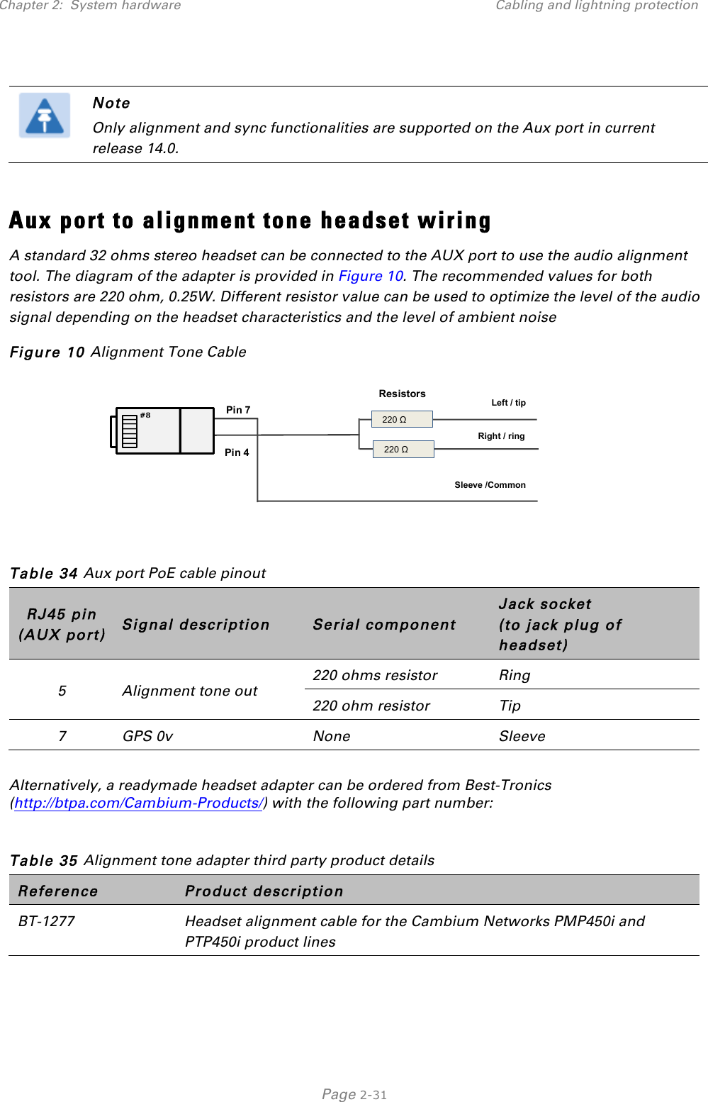 Chapter 2:  System hardware Cabling and lightning protection   Page 2-31   Note Only alignment and sync functionalities are supported on the Aux port in current release 14.0.    Aux port to alignment tone headset wiring A standard 32 ohms stereo headset can be connected to the AUX port to use the audio alignment tool. The diagram of the adapter is provided in Figure 10. The recommended values for both resistors are 220 ohm, 0.25W. Different resistor value can be used to optimize the level of the audio signal depending on the headset characteristics and the level of ambient noise Figure 10 Alignment Tone Cable   Table 34 Aux port PoE cable pinout RJ45 pin (AUX port) Signal description Serial component Jack socket (to jack plug of headset) 5 Alignment tone out 220 ohms resistor Ring 220 ohm resistor Tip 7 GPS 0v None Sleeve  Alternatively, a readymade headset adapter can be ordered from Best-Tronics (http://btpa.com/Cambium-Products/) with the following part number:  Table 35 Alignment tone adapter third party product details Reference Product description BT-1277 Headset alignment cable for the Cambium Networks PMP450i and PTP450i product lines    220 Ω  220 Ω Resistors Pin 7 Pin 4 Left / tip Right / ring  Sleeve /Common #8  