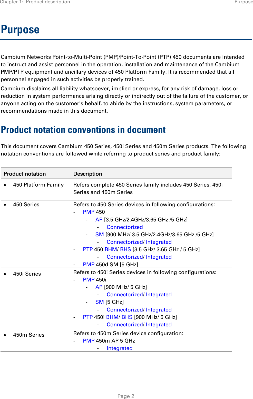 Chapter 1:  Product description  Purpose   Page 2 Purpose Cambium Networks Point-to-Multi-Point (PMP)/Point-To-Point (PTP) 450 documents are intended to instruct and assist personnel in the operation, installation and maintenance of the Cambium PMP/PTP equipment and ancillary devices of 450 Platform Family. It is recommended that all personnel engaged in such activities be properly trained. Cambium disclaims all liability whatsoever, implied or express, for any risk of damage, loss or reduction in system performance arising directly or indirectly out of the failure of the customer, or anyone acting on the customer&apos;s behalf, to abide by the instructions, system parameters, or recommendations made in this document. Product notation conventions in document This document covers Cambium 450 Series, 450i Series and 450m Series products. The following notation conventions are followed while referring to product series and product family:  Product notation  Description  450 Platform Family  Refers complete 450 Series family includes 450 Series, 450i Series and 450m Series  450 Series  Refers to 450 Series devices in following configurations: - PMP 450  - AP [3.5 GHz/2.4GHz/3.65 GHz /5 GHz]  - Connectorized - SM [900 MHz/ 3.5 GHz/2.4GHz/3.65 GHz /5 GHz] - Connectorized/ Integrated - PTP 450 BHM/ BHS [3.5 GHz/ 3.65 GHz / 5 GHz] - Connectorized/ Integrated - PMP 450d SM [5 GHz]  450i Series  Refers to 450i Series devices in following configurations: - PMP 450i - AP [900 MHz/ 5 GHz] - Connectorized/ Integrated - SM [5 GHz] - Connectorized/ Integrated - PTP 450i BHM/ BHS [900 MHz/ 5 GHz] - Connectorized/ Integrated  450m Series  Refers to 450m Series device configuration: - PMP 450m AP 5 GHz - Integrated  