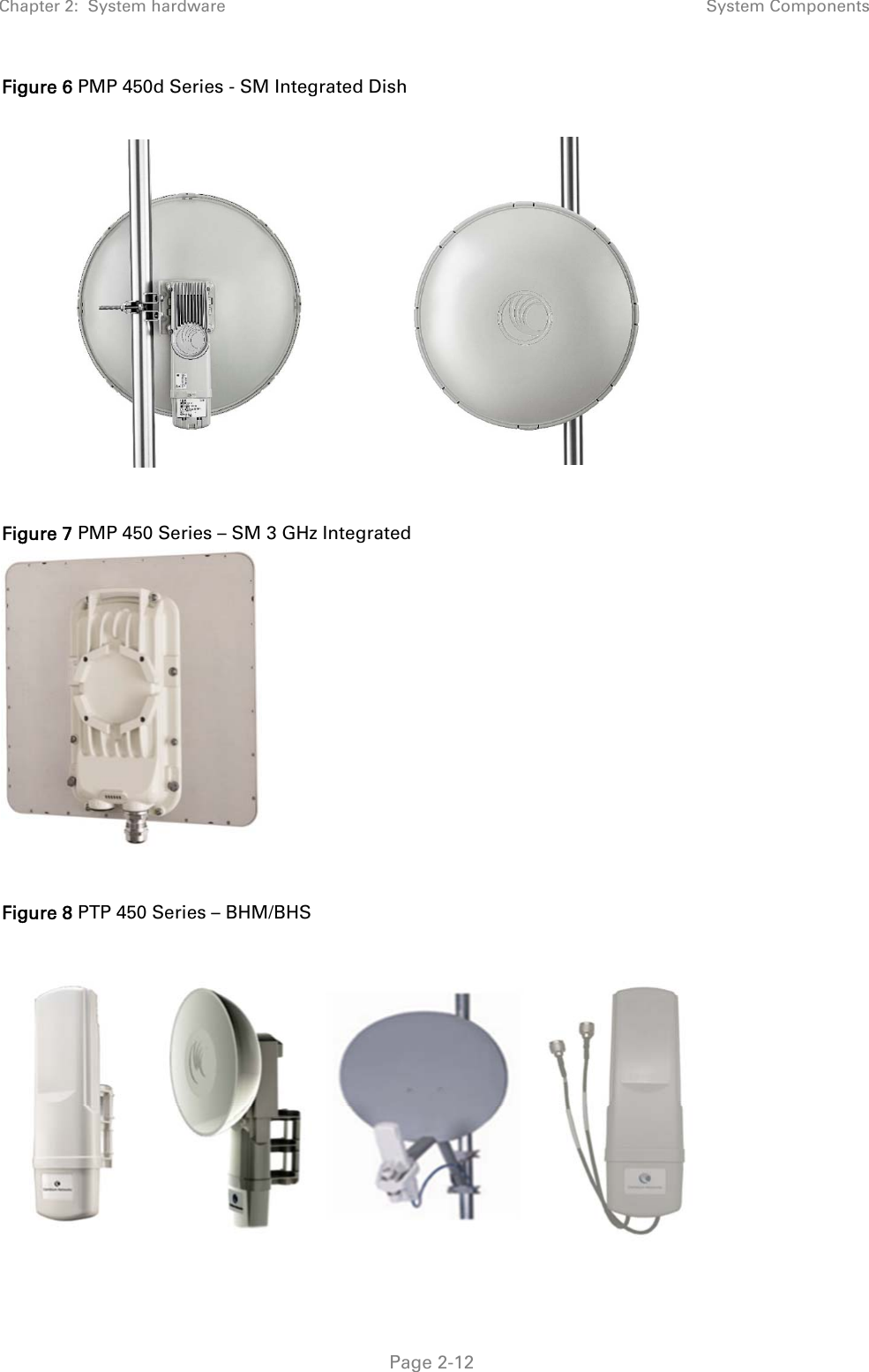 Chapter 2:  System hardware  System Components   Page 2-12 Figure 6 PMP 450d Series - SM Integrated Dish    Figure 7 PMP 450 Series – SM 3 GHz Integrated    Figure 8 PTP 450 Series – BHM/BHS   
