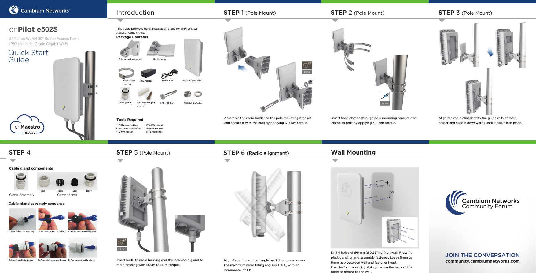 Drill 4 holes of Ø6mm (Ø0.25”Inch) on wall. Press ﬁt plastic anchor and assembly fastener. Leave 5mm to 6mm gap between wall and fastener head.Use the four mounting slots given on the back of the radio to mount to the wall.IntroductionTool Requirements• Phillips screwdriver (Wall Mounting)• Flat head screwdriver         (Pole Mounting)• 12 mm wrench          (Pole Mounting)community.cambiumnetworks.comJOIN THE CONVERSATIONThis guide provides quick installation steps for cnPilot F4 Access Points (APs). Package ContentsPole mounting bracketPoE Injector Cable glandH6 Access PointAlign Radio to required angle by tilting up and down. The maximum radio tilting angle is ± 40°, with an incremental of 10°.Radio holderHose clamp (Qty. 2)Power CordQuick Start GuideTools RequiredWall mounting kit (Qty. 4)M12 x 60 Bolt M12 Nut &amp; WasherSTEP 1 (Pole Mount)Assemble the radio holder to the pole mounting bracketand secure it with M8 nuts by applying 3.0 Nm torque. STEP 2 (Pole Mount)Insert hose clamps through pole mounting bracket and clamp to pole by applying 3.0 Nm torque.STEP 3 (Pole Mount)Align the radio chassis with the guide rails of radio holder and slide it downwards until it clicks into place.Cable gland componentsComponentsGland AssemblyCable gland assembly sequenceCap Plastic Seal Body6. Assembled cable gland.5. Assemble cap and body.4. Insert seal into body.3. Insert seal into the plastic.2. Put seal over the cable.1. Pass cable through cap.STEP 4 STEP 5 (Pole Mount)Insert RJ45 to radio housing and the lock cable gland to radio housing with 1.5Nm to 2Nm torque. STEP 6 (Radio alignment) Wall MountingcnPilot H6 DF:/$16HFWRU$FFHVV3RLQW,3,QGXVWULDO*UDGH*LJDELW:L)L108100
