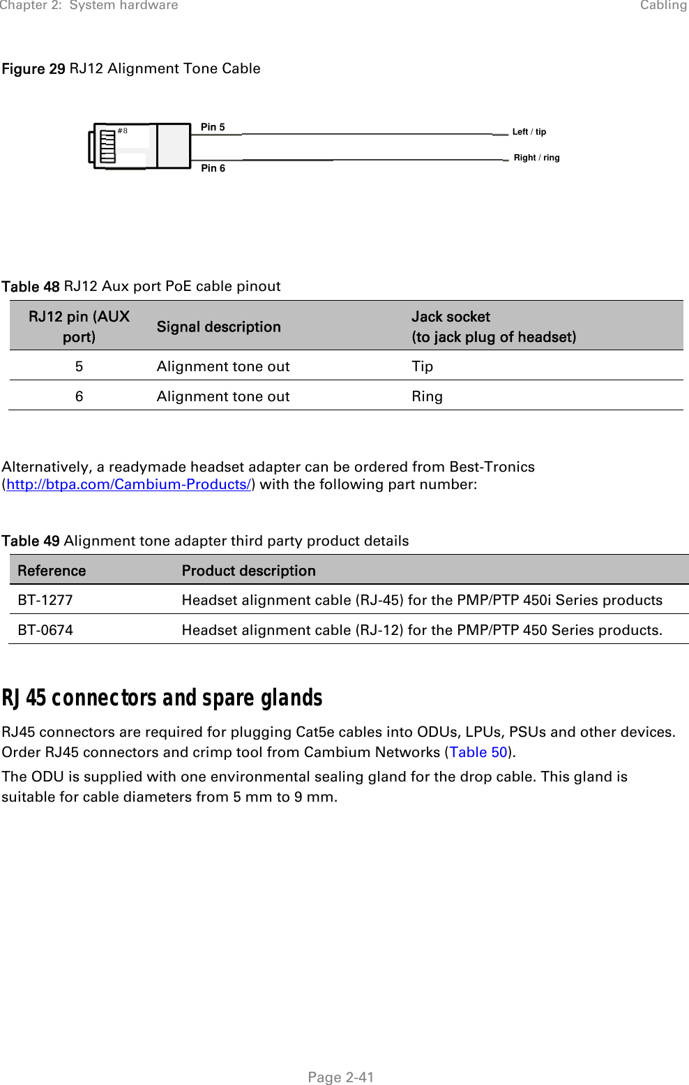 Chapter 2:  System hardware  Cabling   Page 2-41 Figure 29 RJ12 Alignment Tone Cable   Table 48 RJ12 Aux port PoE cable pinout RJ12 pin (AUX port)  Signal description  Jack socket (to jack plug of headset) 5  Alignment tone out  Tip 6  Alignment tone out  Ring   Alternatively, a readymade headset adapter can be ordered from Best-Tronics (http://btpa.com/Cambium-Products/) with the following part number:  Table 49 Alignment tone adapter third party product details Reference  Product description BT-1277  Headset alignment cable (RJ-45) for the PMP/PTP 450i Series products  BT-0674  Headset alignment cable (RJ-12) for the PMP/PTP 450 Series products.  RJ45 connectors and spare glands RJ45 connectors are required for plugging Cat5e cables into ODUs, LPUs, PSUs and other devices. Order RJ45 connectors and crimp tool from Cambium Networks (Table 50). The ODU is supplied with one environmental sealing gland for the drop cable. This gland is suitable for cable diameters from 5 mm to 9 mm.  Pin 5 Pin 6 Left / tip Right / ring #8  