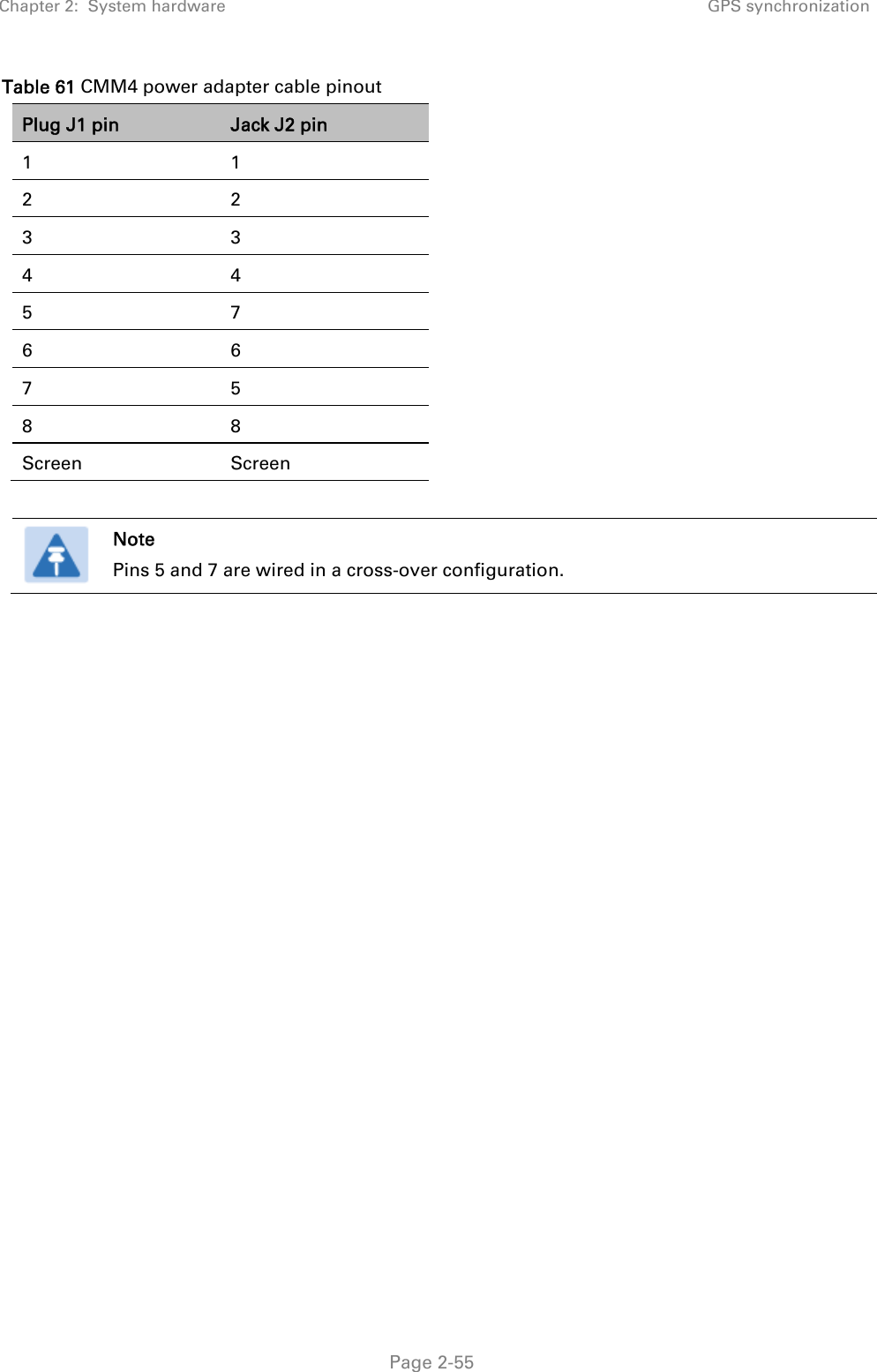 Chapter 2:  System hardware GPS synchronization   Page 2-55 Table 61 CMM4 power adapter cable pinout Plug J1 pin  Jack J2 pin 1 1 2 2 3 3 4 4 5 7 6 6 7 5 8 8 Screen Screen   Note Pins 5 and 7 are wired in a cross-over configuration.  