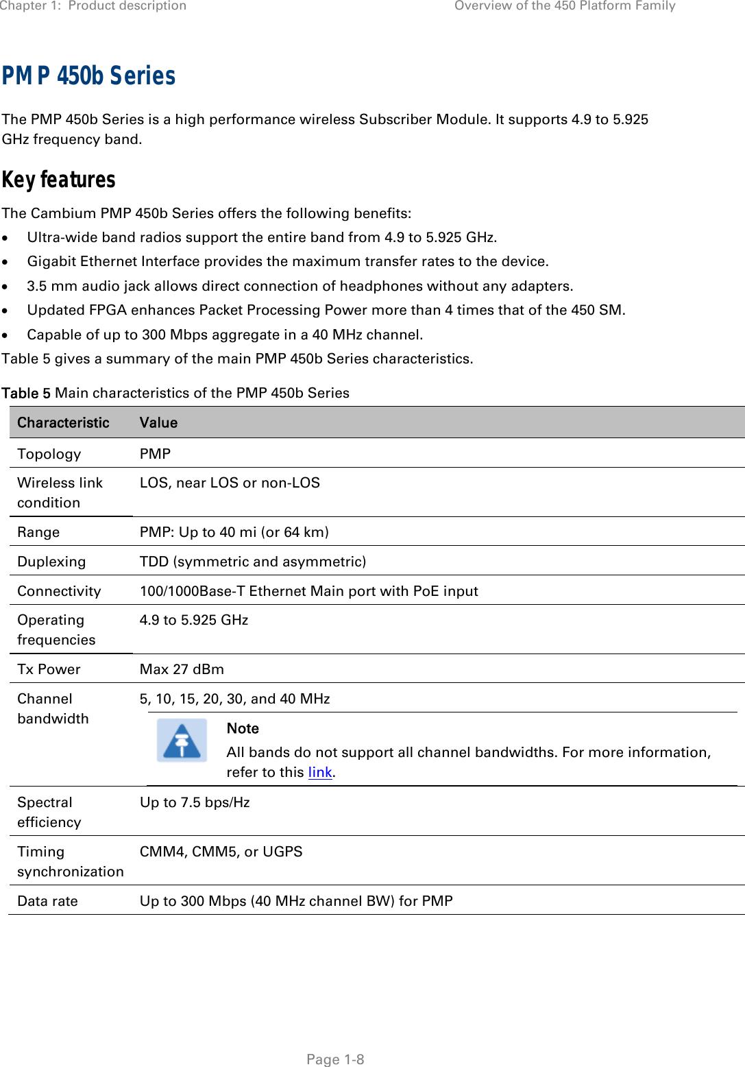 Chapter 1:  Product description  Overview of the 450 Platform Family   Page 1-8 PMP 450b Series The PMP 450b Series is a high performance wireless Subscriber Module. It supports 4.9 to 5.925 GHz frequency band. Key features The Cambium PMP 450b Series offers the following benefits:  Ultra-wide band radios support the entire band from 4.9 to 5.925 GHz.  Gigabit Ethernet Interface provides the maximum transfer rates to the device.  3.5 mm audio jack allows direct connection of headphones without any adapters.  Updated FPGA enhances Packet Processing Power more than 4 times that of the 450 SM.  Capable of up to 300 Mbps aggregate in a 40 MHz channel. Table 5 gives a summary of the main PMP 450b Series characteristics. Table 5 Main characteristics of the PMP 450b Series Characteristic  Value Topology PMP Wireless link condition LOS, near LOS or non-LOS Range  PMP: Up to 40 mi (or 64 km) Duplexing  TDD (symmetric and asymmetric) Connectivity  100/1000Base-T Ethernet Main port with PoE input Operating frequencies 4.9 to 5.925 GHz Tx Power  Max 27 dBm Channel bandwidth 5, 10, 15, 20, 30, and 40 MHz  Note All bands do not support all channel bandwidths. For more information, refer to this link.  Spectral efficiency Up to 7.5 bps/Hz Timing synchronization CMM4, CMM5, or UGPS Data rate  Up to 300 Mbps (40 MHz channel BW) for PMP  