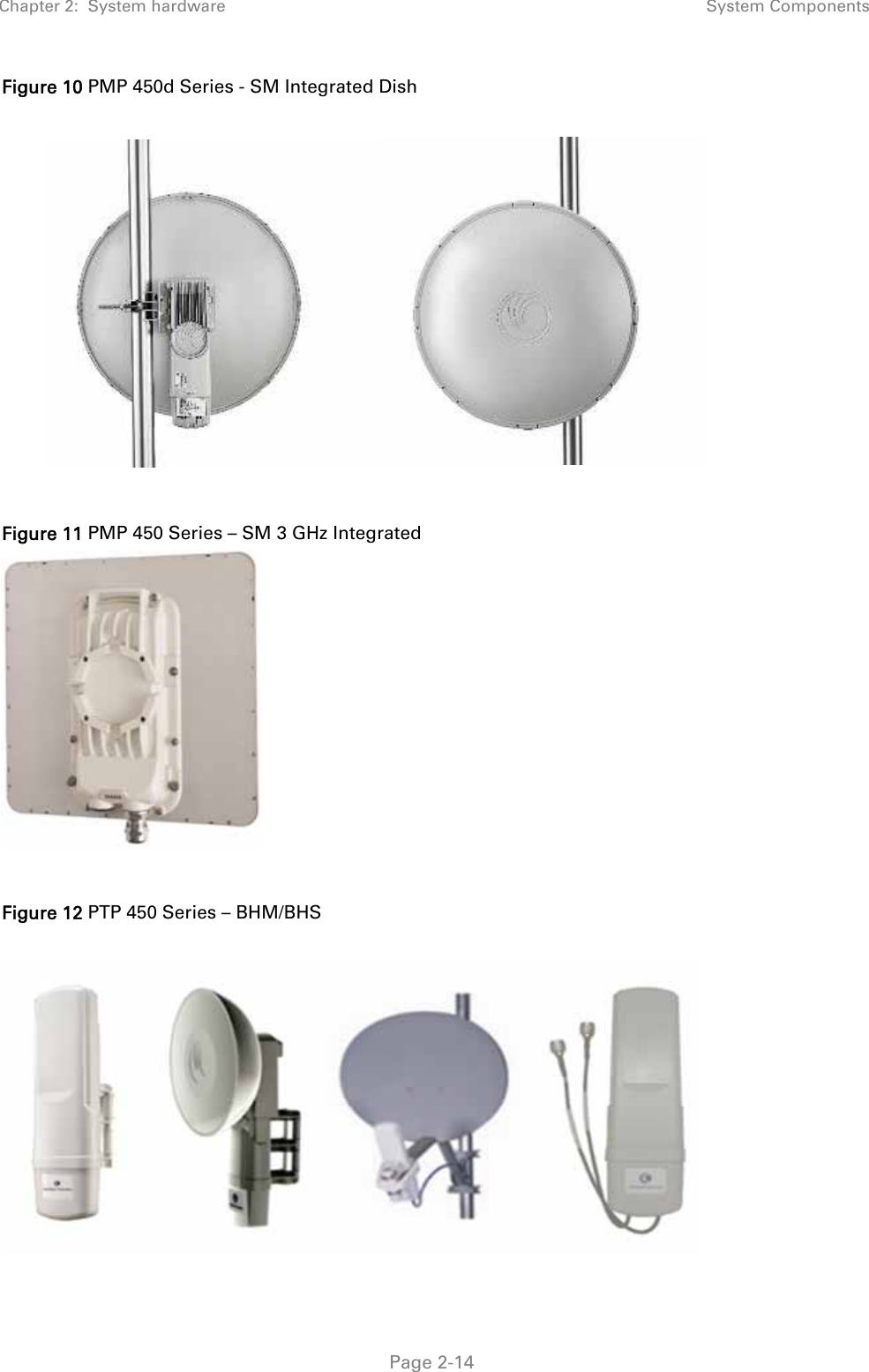 Chapter 2:  System hardware  System Components   Page 2-14 Figure 10 PMP 450d Series - SM Integrated Dish    Figure 11 PMP 450 Series – SM 3 GHz Integrated    Figure 12 PTP 450 Series – BHM/BHS   