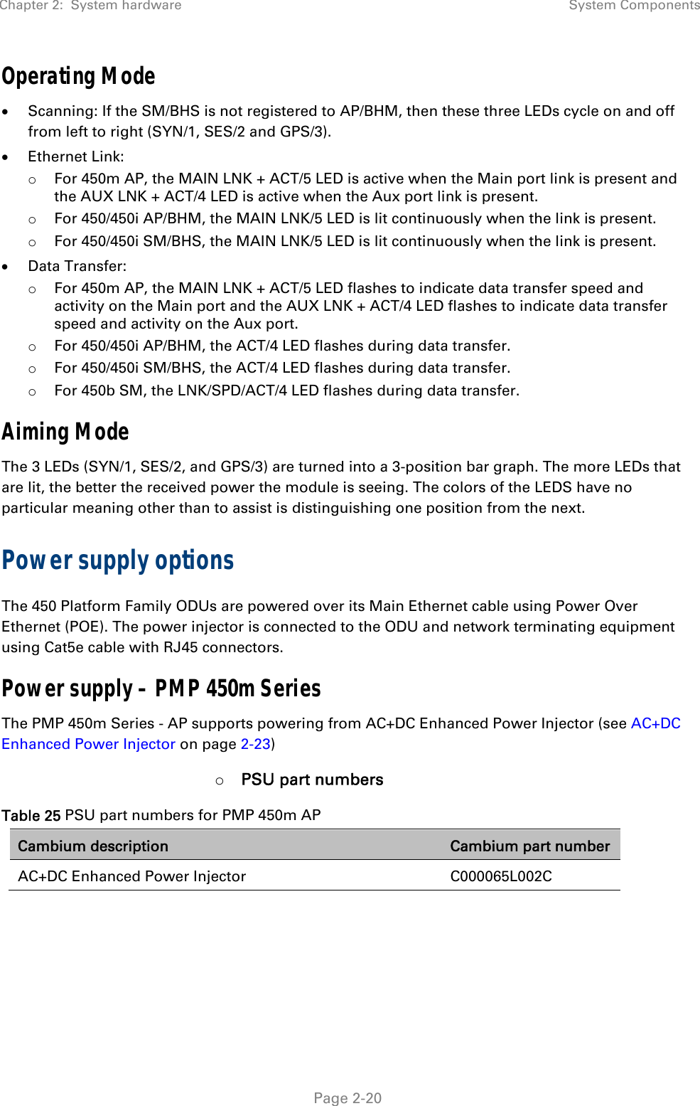 Chapter 2:  System hardware  System Components   Page 2-20 Operating Mode  Scanning: If the SM/BHS is not registered to AP/BHM, then these three LEDs cycle on and off from left to right (SYN/1, SES/2 and GPS/3).  Ethernet Link:  o For 450m AP, the MAIN LNK + ACT/5 LED is active when the Main port link is present and the AUX LNK + ACT/4 LED is active when the Aux port link is present. o For 450/450i AP/BHM, the MAIN LNK/5 LED is lit continuously when the link is present. o For 450/450i SM/BHS, the MAIN LNK/5 LED is lit continuously when the link is present.  Data Transfer:  o For 450m AP, the MAIN LNK + ACT/5 LED flashes to indicate data transfer speed and activity on the Main port and the AUX LNK + ACT/4 LED flashes to indicate data transfer speed and activity on the Aux port. o For 450/450i AP/BHM, the ACT/4 LED flashes during data transfer. o For 450/450i SM/BHS, the ACT/4 LED flashes during data transfer. o For 450b SM, the LNK/SPD/ACT/4 LED flashes during data transfer. Aiming Mode The 3 LEDs (SYN/1, SES/2, and GPS/3) are turned into a 3-position bar graph. The more LEDs that are lit, the better the received power the module is seeing. The colors of the LEDS have no particular meaning other than to assist is distinguishing one position from the next. Power supply options The 450 Platform Family ODUs are powered over its Main Ethernet cable using Power Over Ethernet (POE). The power injector is connected to the ODU and network terminating equipment using Cat5e cable with RJ45 connectors. Power supply – PMP 450m Series The PMP 450m Series - AP supports powering from AC+DC Enhanced Power Injector (see AC+DC Enhanced Power Injector on page 2-23) o PSU part numbers Table 25 PSU part numbers for PMP 450m AP Cambium description  Cambium part number AC+DC Enhanced Power Injector  C000065L002C    