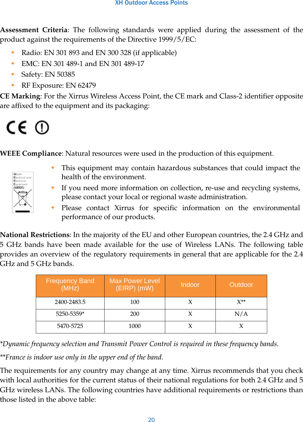 XH Outdoor Access Points20Assessment Criteria: The following standards were applied during the assessment of the product against the requirements of the Directive 1999/5/EC:Radio: EN 301 893 and EN 300 328 (if applicable)EMC: EN 301 489-1 and EN 301 489-17Safety: EN 50385 RF Exposure: EN 62479 CE Marking: For the Xirrus Wireless Access Point, the CE mark and Class-2 identifier opposite are affixed to the equipment and its packaging:WEEE Compliance: Natural resources were used in the production of this equipment.National Restrictions: In the majority of the EU and other European countries, the 2.4 GHz and 5 GHz bands have been made available for the use of Wireless LANs. The following table provides an overview of the regulatory requirements in general that are applicable for the 2.4 GHz and 5 GHz bands.*Dynamic frequency selection and Transmit Power Control is required in these frequency bands.**France is indoor use only in the upper end of the band.The requirements for any country may change at any time. Xirrus recommends that you check with local authorities for the current status of their national regulations for both 2.4 GHz and 5 GHz wireless LANs. The following countries have additional requirements or restrictions than those listed in the above table:This equipment may contain hazardous substances that could impact the health of the environment.If you need more information on collection, re-use and recycling systems, please contact your local or regional waste administration.Please contact Xirrus for specific information on the environmental performance of our products.Frequency Band (MHz) Max Power Level (EIRP) (mW) Indoor Outdoor2400-2483.5 100 X X**5250-5359* 200 X N/A5470-5725 1000 X X