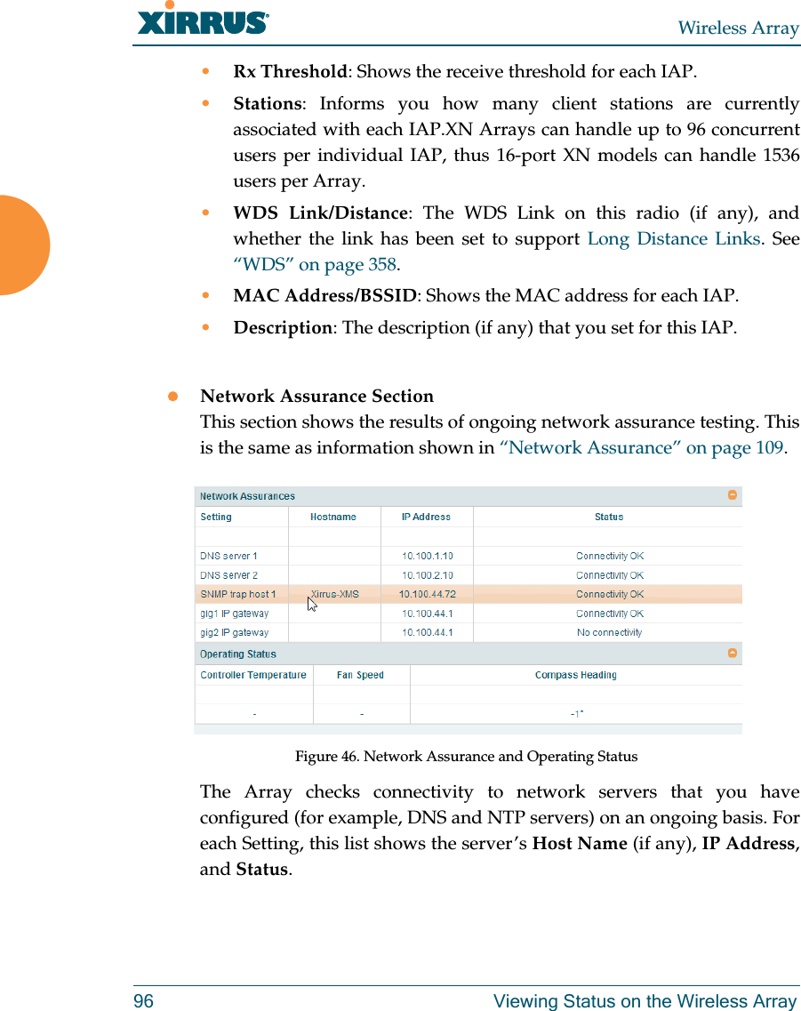 Wireless Array96 Viewing Status on the Wireless Array•Rx Threshold: Shows the receive threshold for each IAP. •Stations: Informs you how many client stations are currently associated with each IAP.XN Arrays can handle up to 96 concurrent users per individual IAP, thus 16-port XN models can handle 1536 users per Array. •WDS Link/Distance: The WDS Link on this radio (if any), and whether the link has been set to support Long Distance Links. See “WDS” on page 358. •MAC Address/BSSID: Shows the MAC address for each IAP. •Description: The description (if any) that you set for this IAP. Network Assurance SectionThis section shows the results of ongoing network assurance testing. This is the same as information shown in “Network Assurance” on page 109.Figure 46. Network Assurance and Operating StatusThe Array checks connectivity to network servers that you have configured (for example, DNS and NTP servers) on an ongoing basis. For each Setting, this list shows the server’s Host Name (if any), IP Address, and Status. 