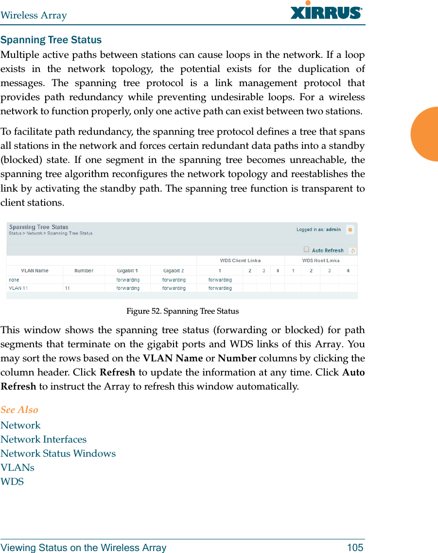 Wireless ArrayViewing Status on the Wireless Array 105Spanning Tree StatusMultiple active paths between stations can cause loops in the network. If a loop exists in the network topology, the potential exists for the duplication of messages. The spanning tree protocol is a link management protocol that provides path redundancy while preventing undesirable loops. For a wireless network to function properly, only one active path can exist between two stations. To facilitate path redundancy, the spanning tree protocol defines a tree that spans all stations in the network and forces certain redundant data paths into a standby (blocked) state. If one segment in the spanning tree becomes unreachable, the spanning tree algorithm reconfigures the network topology and reestablishes the link by activating the standby path. The spanning tree function is transparent to client stations.Figure 52. Spanning Tree StatusThis window shows the spanning tree status (forwarding or blocked) for path segments that terminate on the gigabit ports and WDS links of this Array. You may sort the rows based on the VLAN Name or Number columns by clicking the column header. Click Refresh to update the information at any time. Click Auto Refresh to instruct the Array to refresh this window automatically.See AlsoNetworkNetwork InterfacesNetwork Status WindowsVLANsWDS