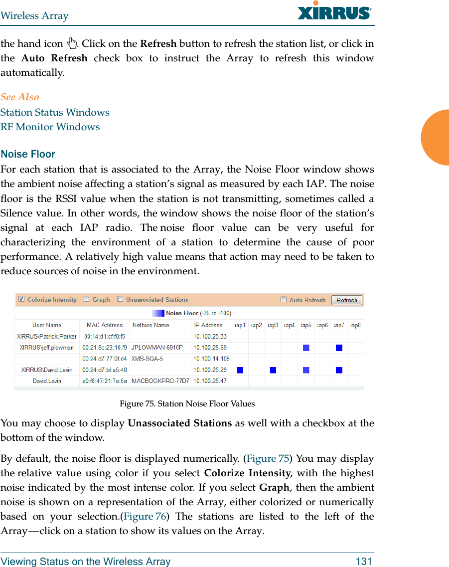 Wireless ArrayViewing Status on the Wireless Array 131the hand icon  . Click on the Refresh button to refresh the station list, or click in the  Auto Refresh check box to instruct the Array to refresh this window automatically. See AlsoStation Status WindowsRF Monitor WindowsNoise Floor For each station that is associated to the Array, the Noise Floor window shows the ambient noise affecting a station’s signal as measured by each IAP. The noise floor is the RSSI value when the station is not transmitting, sometimes called a Silence value. In other words, the window shows the noise floor of the station’s signal at each IAP radio. The noise floor value can be very useful for characterizing the environment of a station to determine the cause of poor performance. A relatively high value means that action may need to be taken to reduce sources of noise in the environment. Figure 75. Station Noise Floor Values You may choose to display Unassociated Stations as well with a checkbox at the bottom of the window.By default, the noise floor is displayed numerically. (Figure 75) You may display the relative value using color if you select Colorize Intensity, with the highest noise indicated by the most intense color. If you select Graph, then the ambient noise is shown on a representation of the Array, either colorized or numerically based on your selection.(Figure 76) The stations are listed to the left of the Array — click on a station to show its values on the Array. 