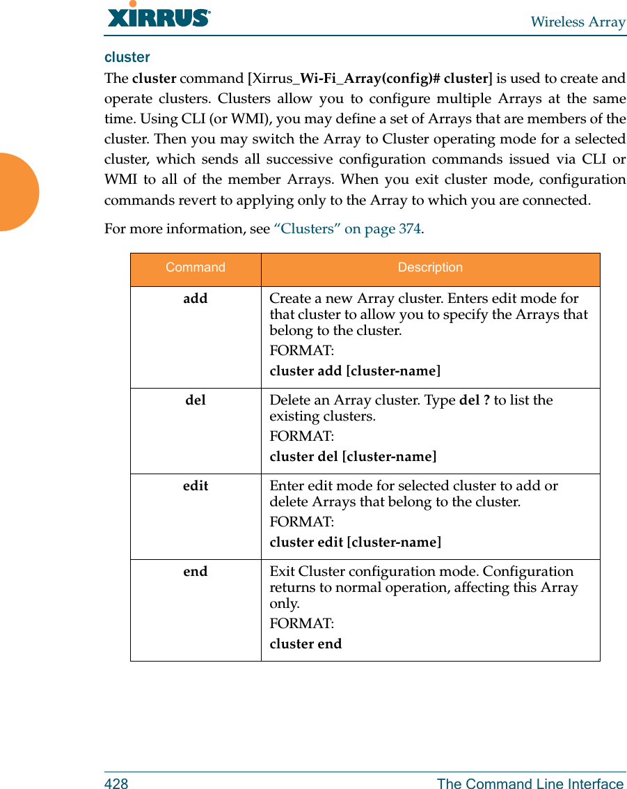 Wireless Array428 The Command Line InterfaceclusterThe cluster command [Xirrus_Wi-Fi_Array(config)# cluster] is used to create and operate clusters. Clusters allow you to configure multiple Arrays at the same time. Using CLI (or WMI), you may define a set of Arrays that are members of the cluster. Then you may switch the Array to Cluster operating mode for a selected cluster, which sends all successive configuration commands issued via CLI or WMI to all of the member Arrays. When you exit cluster mode, configuration commands revert to applying only to the Array to which you are connected.For more information, see “Clusters” on page 374. Command Descriptionadd Create a new Array cluster. Enters edit mode for that cluster to allow you to specify the Arrays that belong to the cluster.FORMAT:cluster add [cluster-name]del Delete an Array cluster. Type del ? to list the existing clusters.FORMAT:cluster del [cluster-name]edit Enter edit mode for selected cluster to add or delete Arrays that belong to the cluster.FORMAT:cluster edit [cluster-name]end  Exit Cluster configuration mode. Configuration returns to normal operation, affecting this Array only.FORMAT:cluster end 