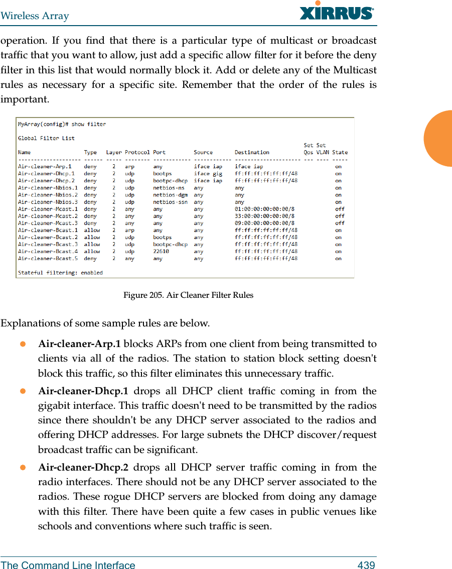 Wireless ArrayThe Command Line Interface 439operation. If you find that there is a particular type of multicast or broadcast traffic that you want to allow, just add a specific allow filter for it before the deny filter in this list that would normally block it. Add or delete any of the Multicast rules as necessary for a specific site. Remember that the order of the rules is important. Figure 205. Air Cleaner Filter RulesExplanations of some sample rules are below.Air-cleaner-Arp.1 blocks ARPs from one client from being transmitted to clients via all of the radios. The station to station block setting doesn&apos;t block this traffic, so this filter eliminates this unnecessary traffic.Air-cleaner-Dhcp.1 drops all DHCP client traffic coming in from the gigabit interface. This traffic doesn&apos;t need to be transmitted by the radios since there shouldn&apos;t be any DHCP server associated to the radios and offering DHCP addresses. For large subnets the DHCP discover/request broadcast traffic can be significant.Air-cleaner-Dhcp.2 drops all DHCP server traffic coming in from the radio interfaces. There should not be any DHCP server associated to the radios. These rogue DHCP servers are blocked from doing any damage with this filter. There have been quite a few cases in public venues like schools and conventions where such traffic is seen.