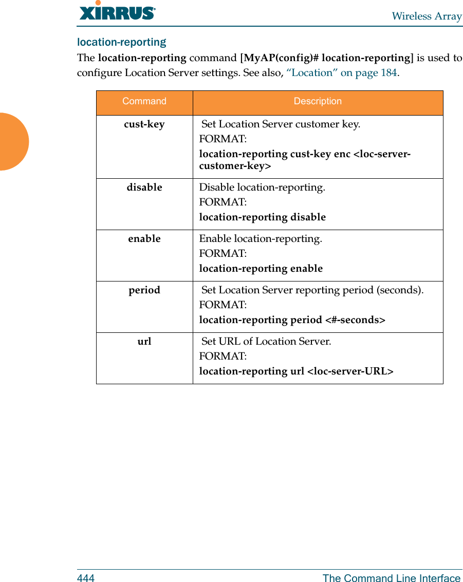 Wireless Array444 The Command Line Interfacelocation-reporting The location-reporting command [MyAP(config)# location-reporting] is used to configure Location Server settings. See also, “Location” on page 184. Command Descriptioncust-key   Set Location Server customer key.FORMAT:location-reporting cust-key enc &lt;loc-server-customer-key&gt; disable Disable location-reporting.FORMAT:location-reporting disableenable Enable location-reporting.FORMAT:location-reporting enableperiod   Set Location Server reporting period (seconds).FORMAT:location-reporting period &lt;#-seconds&gt; url   Set URL of Location Server.FORMAT:location-reporting url &lt;loc-server-URL&gt; 