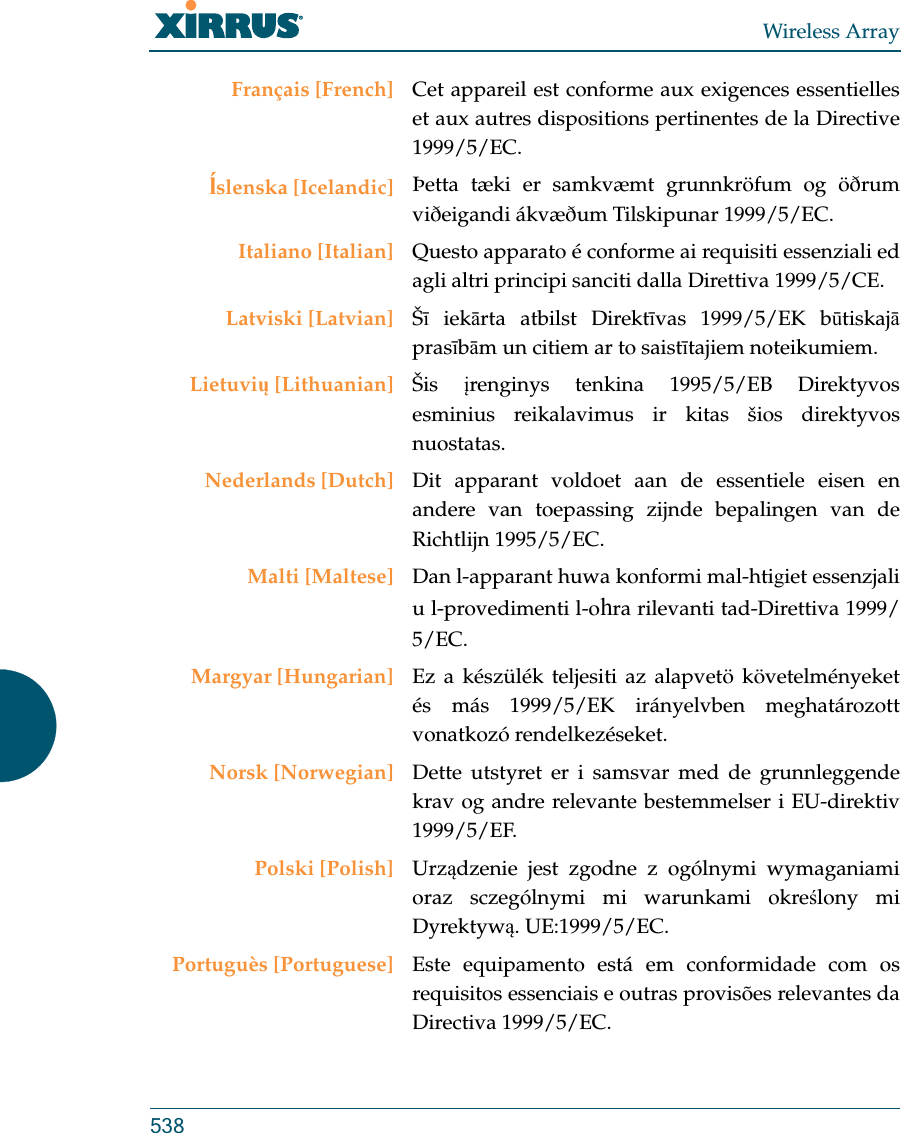 Wireless Array538Français [French] Cet appareil est conforme aux exigences essentielles et aux autres dispositions pertinentes de la Directive 1999/5/EC.ĺslenska [Icelandic] Þetta tæki er samkvæmt grunnkröfum og öðrum viðeigandi ákvæðum Tilskipunar 1999/5/EC.Italiano [Italian] Questo apparato é conforme ai requisiti essenziali ed agli altri principi sanciti dalla Direttiva 1999/5/CE.Latviski [Latvian] Šī iekārta atbilst Direktīvas 1999/5/EK būtiskajāprasībām un citiem ar to saistītajiem noteikumiem.Lietuvių [Lithuanian] Šis  įrenginys tenkina 1995/5/EB Direktyvos esminius reikalavimus ir kitas šios direktyvos nuostatas.Nederlands [Dutch] Dit apparant voldoet aan de essentiele eisen en andere van toepassing zijnde bepalingen van de Richtlijn 1995/5/EC.Malti [Maltese] Dan l-apparant huwa konformi mal-htigiet essenzjali u l-provedimenti l-ohra rilevanti tad-Direttiva 1999/5/EC.Margyar [Hungarian] Ez a készülék teljesiti az alapvetö követelményeket és más 1999/5/EK irányelvben meghatározott vonatkozó rendelkezéseket.Norsk [Norwegian] Dette utstyret er i samsvar med de grunnleggende krav og andre relevante bestemmelser i EU-direktiv 1999/5/EF.Polski [Polish] Urządzenie jest zgodne z ogólnymi wymaganiami oraz sczególnymi mi warunkami określony mi Dyrektywą. UE:1999/5/EC.Portuguès [Portuguese] Este equipamento está em conformidade com os requisitos essenciais e outras provisões relevantes da Directiva 1999/5/EC.